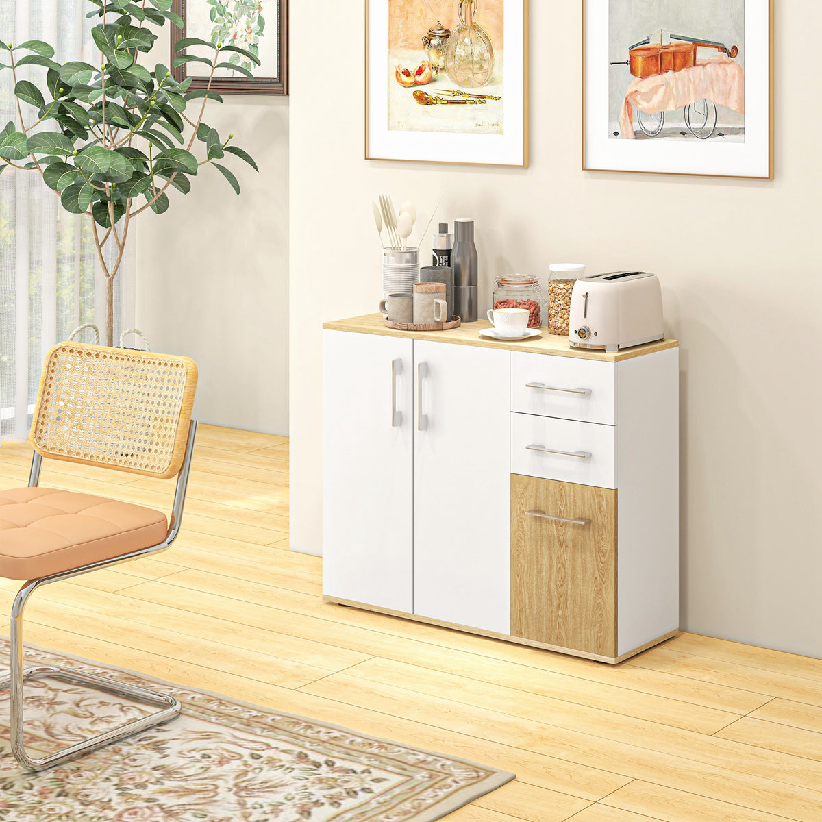 Buffet, meuble de rangement avec 3 portes, 2 tiroirs et étagère réglable, 90 x 30 x 75,5 cm, blanc et bois naturel-9