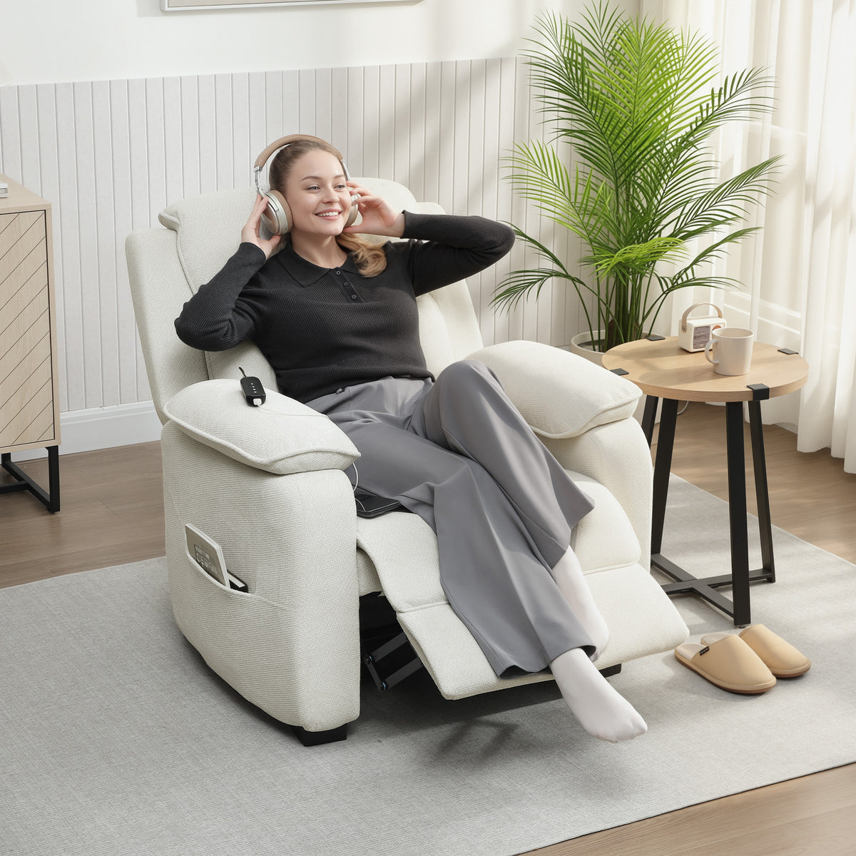 Fauteuil relax électrique fauteuil inclinable port USB repose-pieds poches latérales télécommande 86x90x103cm beige-1