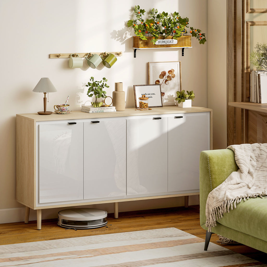 Buffet à haute brillance, meuble de rangement avec 4 portes, étagères réglables, 141 x 35 x 77 cm, blanc et chêne-1