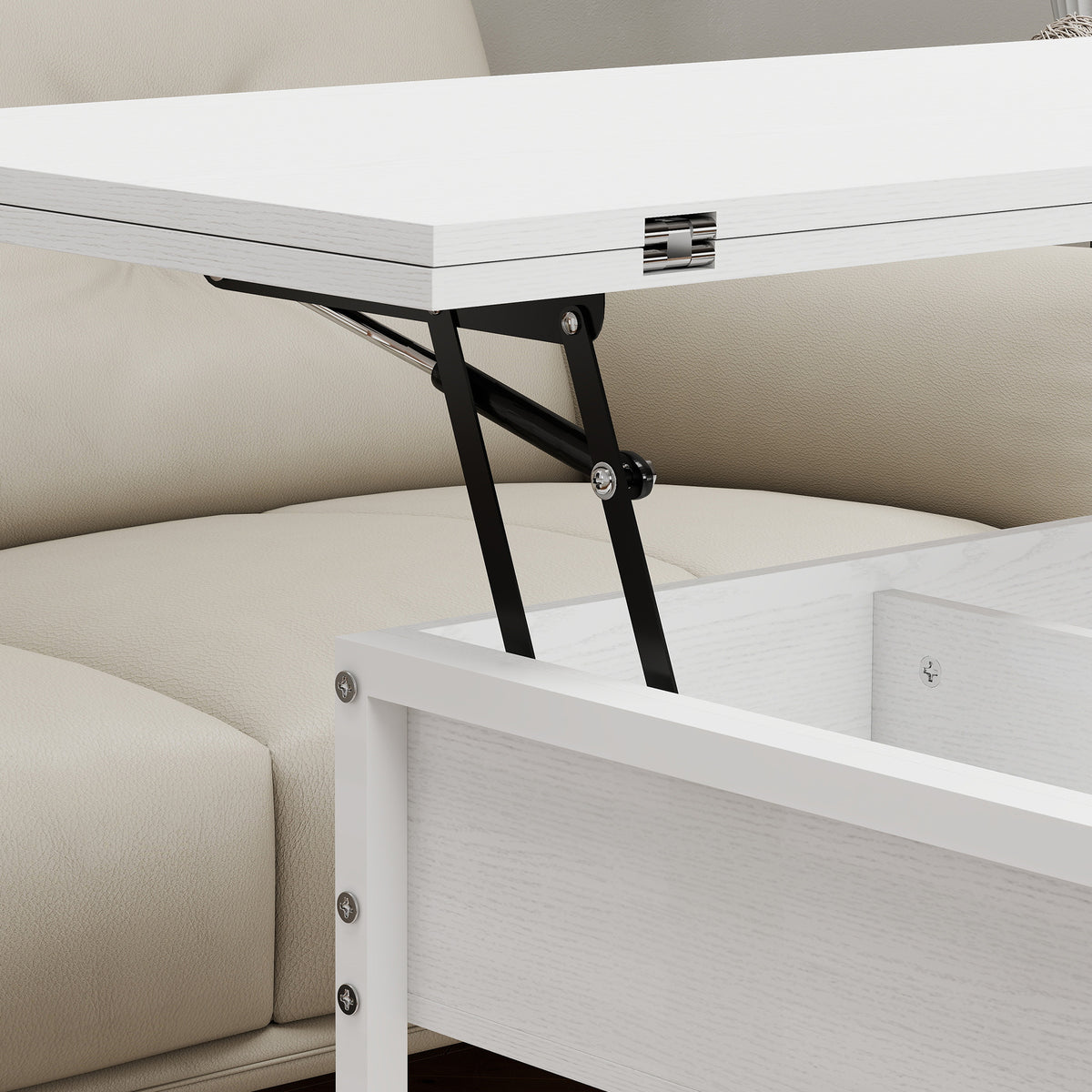 Table basse relevable et extensible, table de salon avec compartiment caché étagères ouvertes, 98x49x55cm, blanc-9