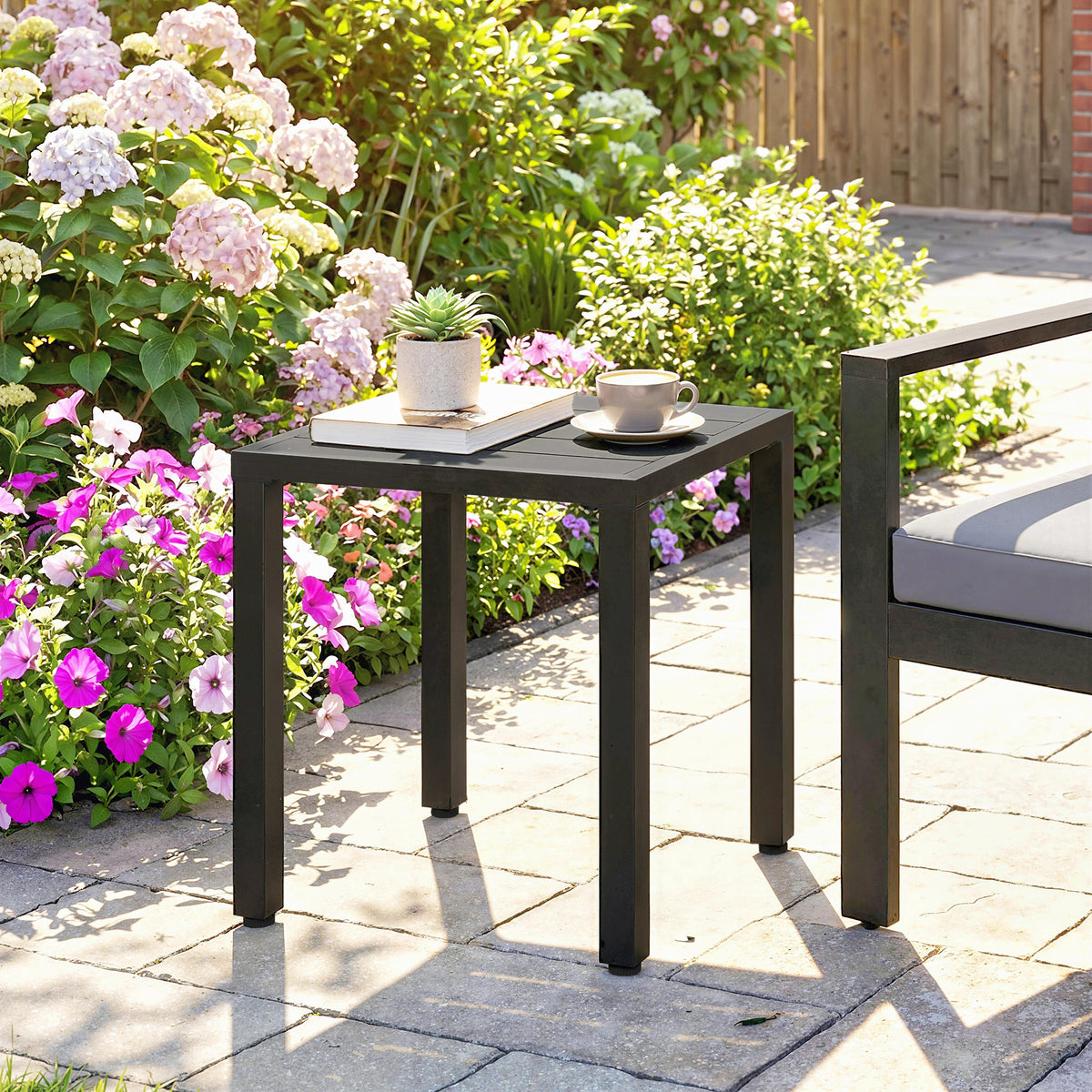 Table de jardin carrée, table de terrasse, cadre en métal, intérieur et extérieur, pour balcon, porche, patio, noir-9