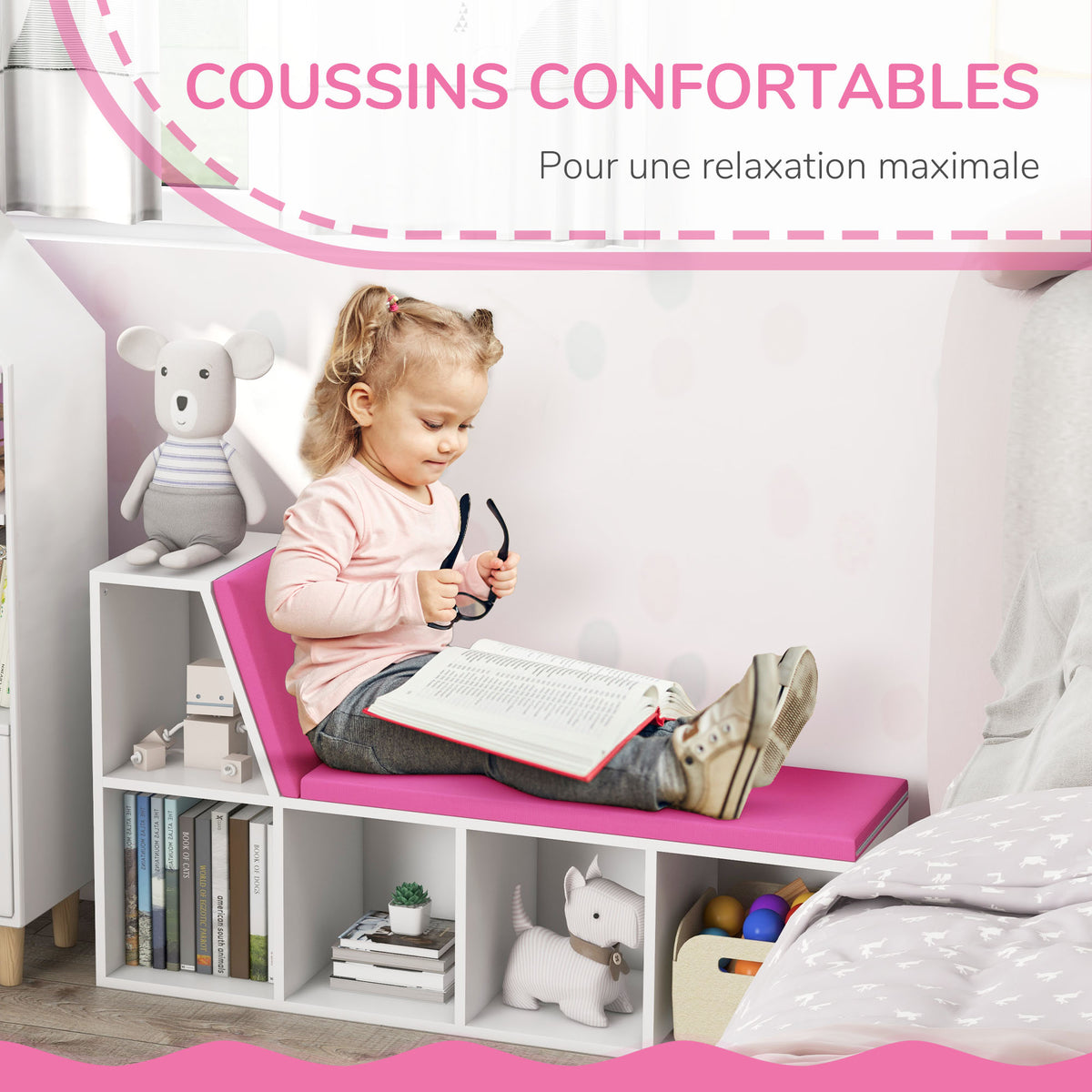 Bibliothèque banc 2 en 1 avec 5 compartiments de rangement et 2 coussins 108 x 30 x 60 cm blanc rose-5