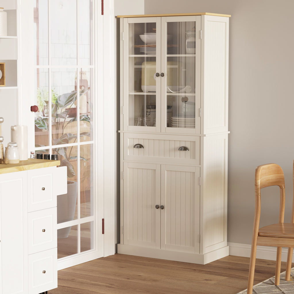 Buffet meuble cuisine rangement armoire de cuisine 4 portes dont 2 portes vitrées et 1 tiroir hauteur 182,5 cm avec étagères réglables - beige-1