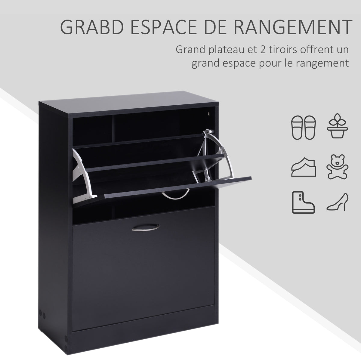 Armoire à Chaussures Meuble à Chaussures dim. 60L x 24l x 80H cm 2 Portes abattantes Noir-4