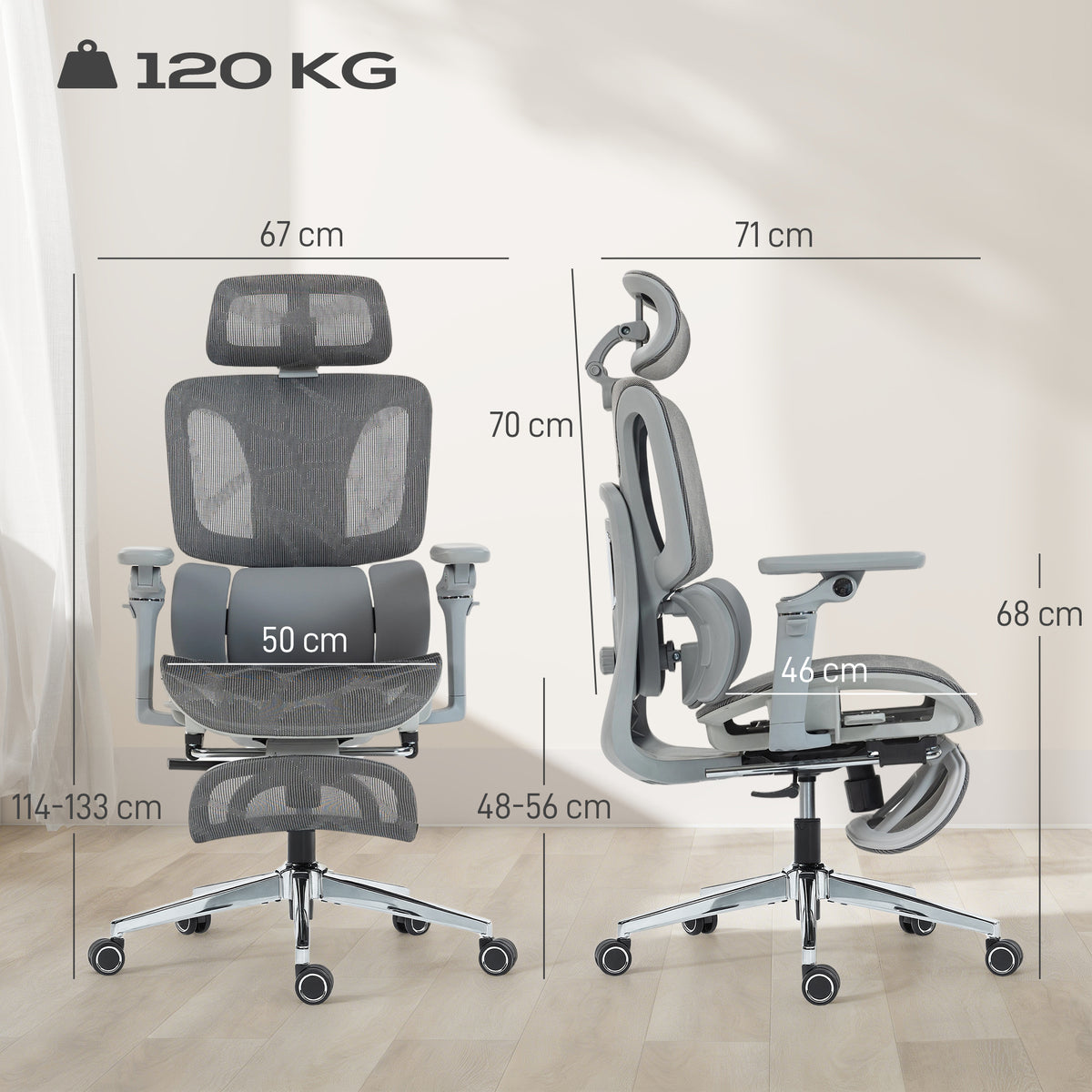 Chaise Bureau Ergonomique avec Accoudoirs 6D Appui-Tête et Profondeur d'Assise Réglables Maille Gris-2