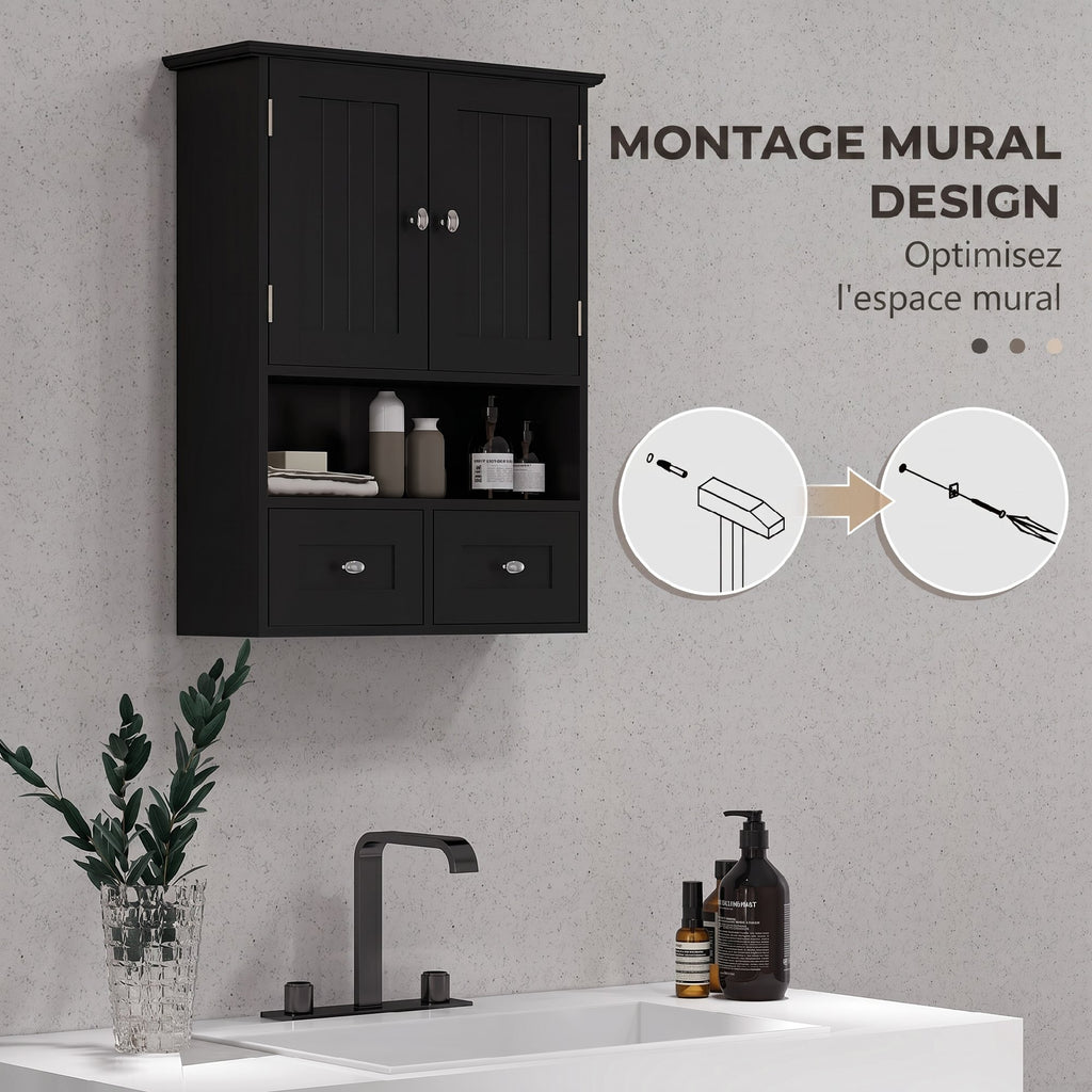 Armoire murale de salle de bain, armoire de toilette, avec portes, étagère, 2 tiroirs, 50,8l x 17,8P x 66H cm, noir-4
