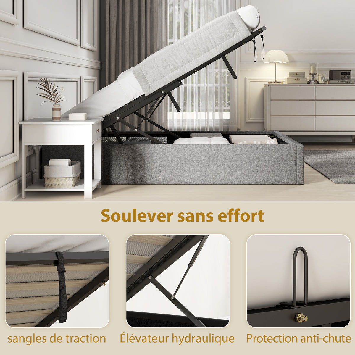 Lit coffre 140 x 190 cm, cadre de lit double rembourré, sommier à lattes en bois, rangement caché, sans bruit, gris-4