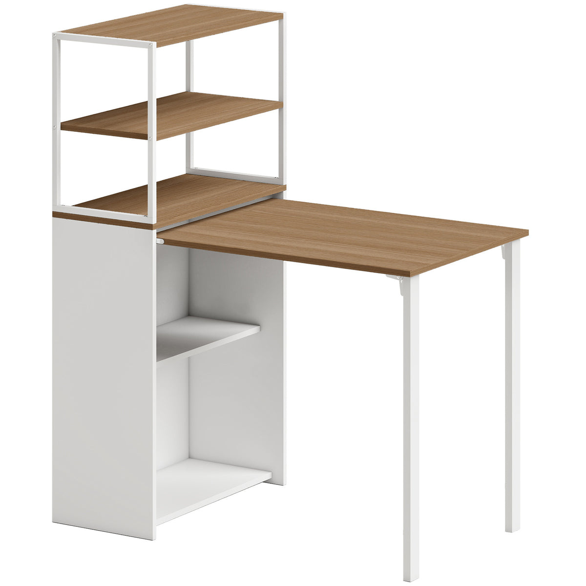 Bureau d'ordinateur pliable avec étagères de rangement à 4 niveaux, bureau avec 2 niches, 105 x 60 x 127 cm, chêne blanc-0