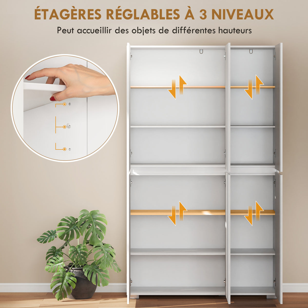Buffet haut cuisine armoire de cuisine à haute brillance 6 portes à fermeture douce étagères réglables blanc-5