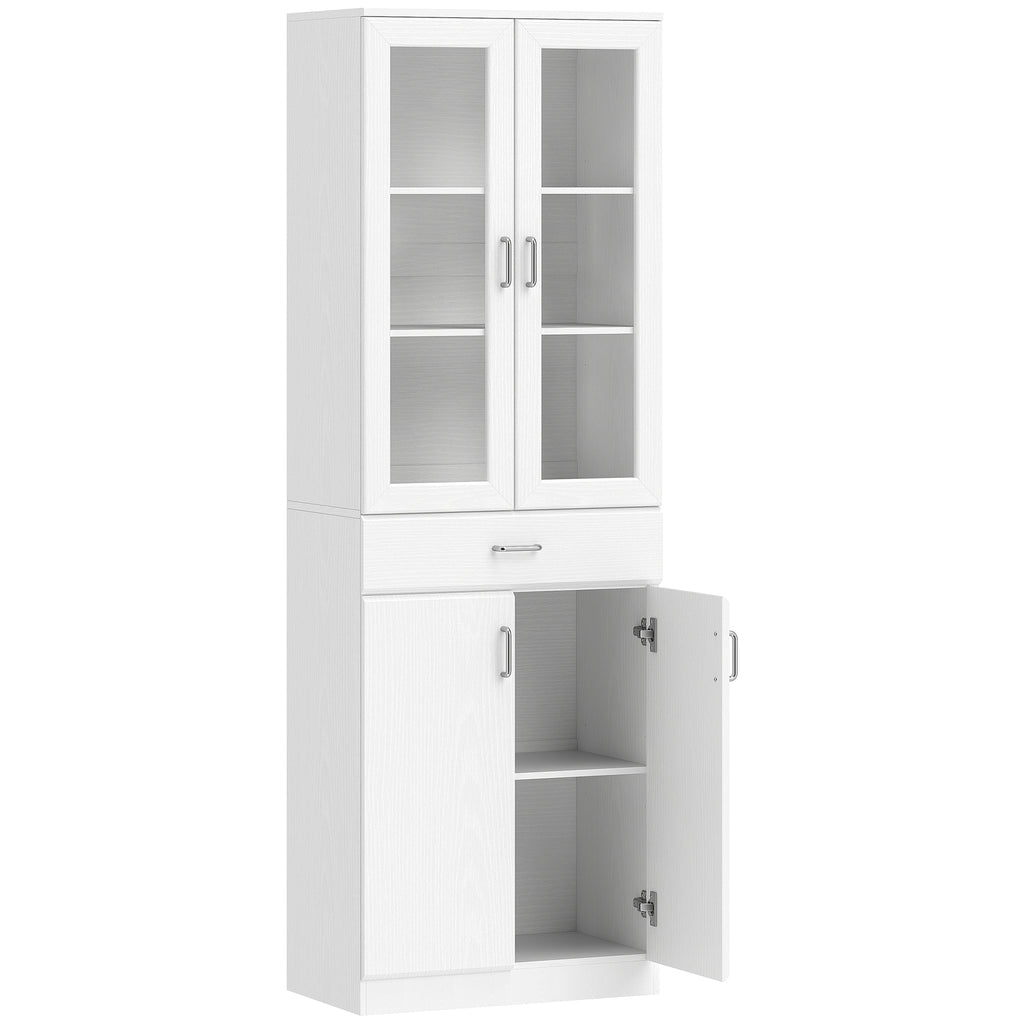 Buffet haut cuisine, armoire de cuisine, 4 portes dont 2 en verre, tiroirs, étagères réglables, 60x35x180cm, blanc-0