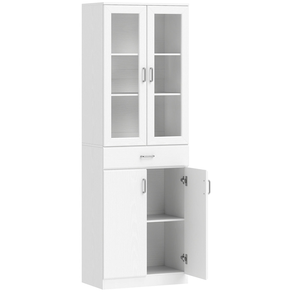 Buffet haut cuisine, armoire de cuisine, 4 portes dont 2 en verre, tiroirs, étagères réglables, 60x35x180cm, blanc-0