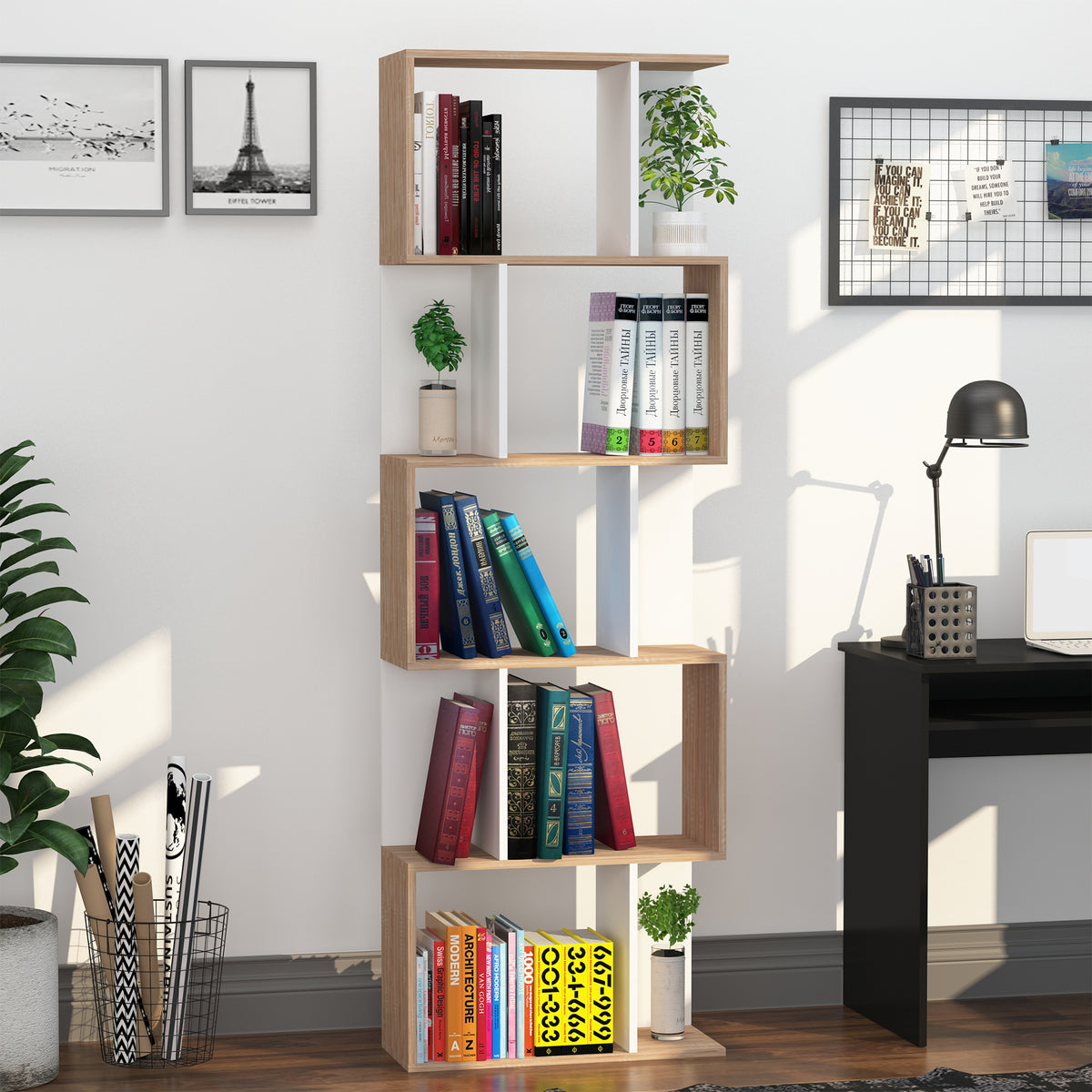 Bibliothèque à 5 niveaux, meuble de rangement en forme de S avec étagères, étagère de rangement blanc-7