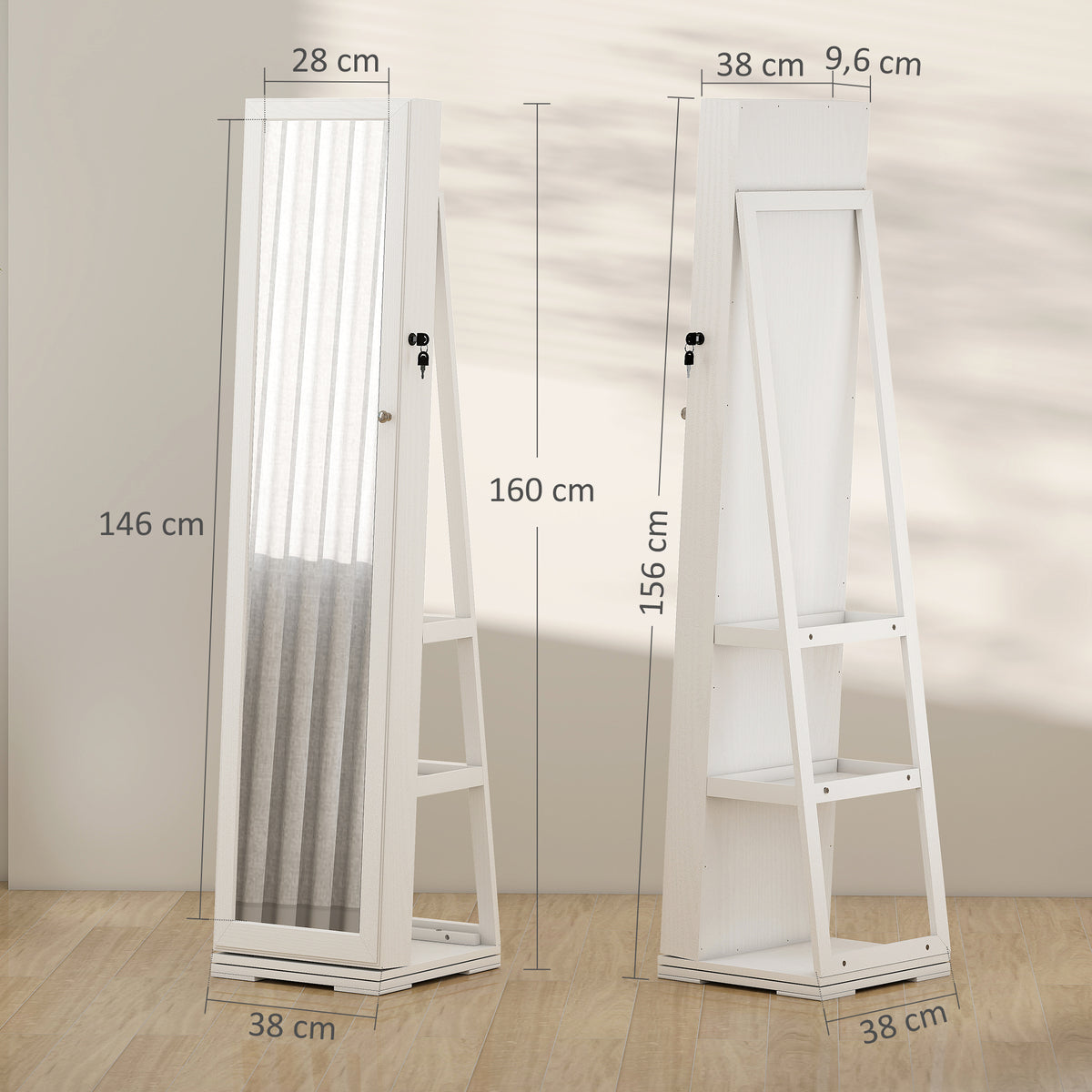 Armoire à Bijoux pivotante verrouillable boîte à bijoux avec Miroir - Armoire Bijoux Multi-Rangement - en Bois Blanc-2