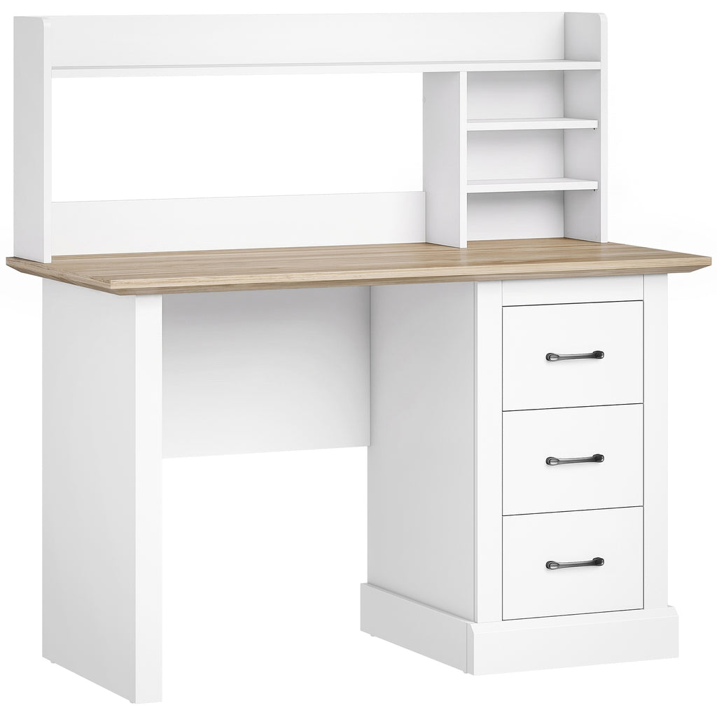 Bureau Informatique avec 3 Tiroirs, 120x55cm, Bureau avec Rangement, Étagères Ouvertes et Large Plateau, Chêne et Blanc-0