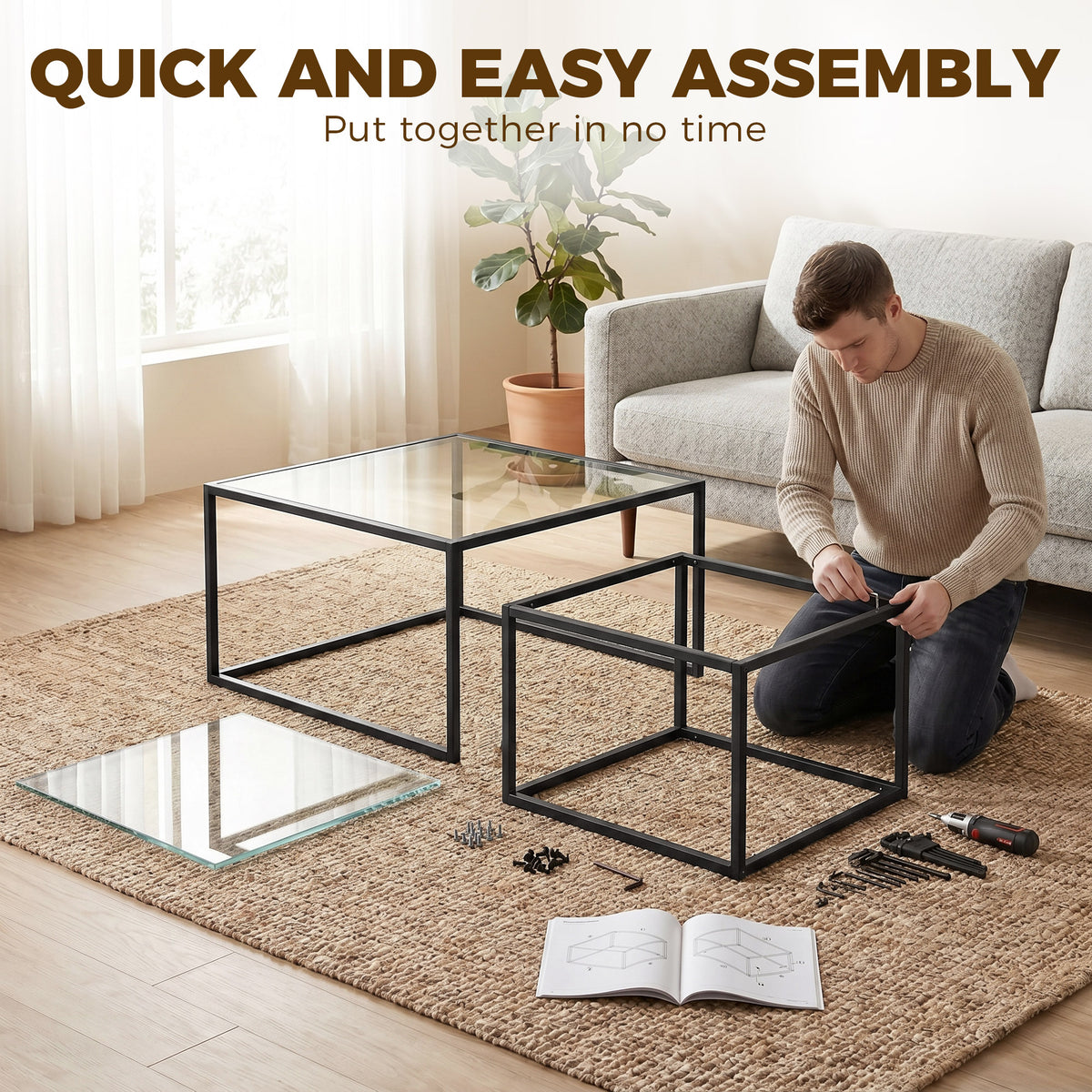 Lot de 2 tables basses gigognes, table de salon avec plateau en verre trempé et structure en métal, noir-7