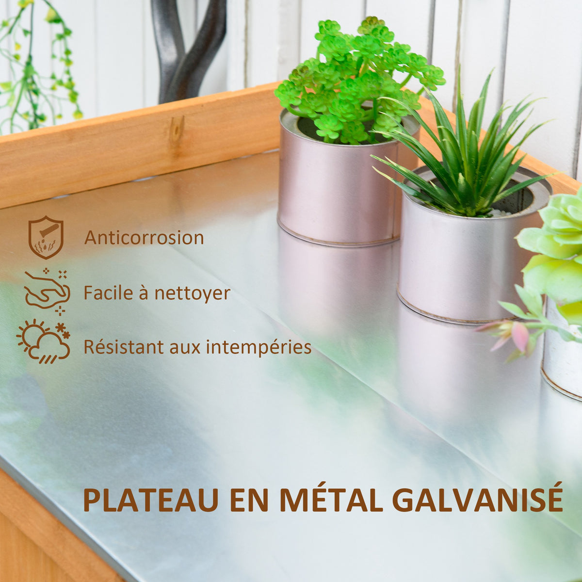 Armoire de jardin sur pied table de rempotage 2 en 1 - table de jardinage double porte, étagère, plateau tôle-4