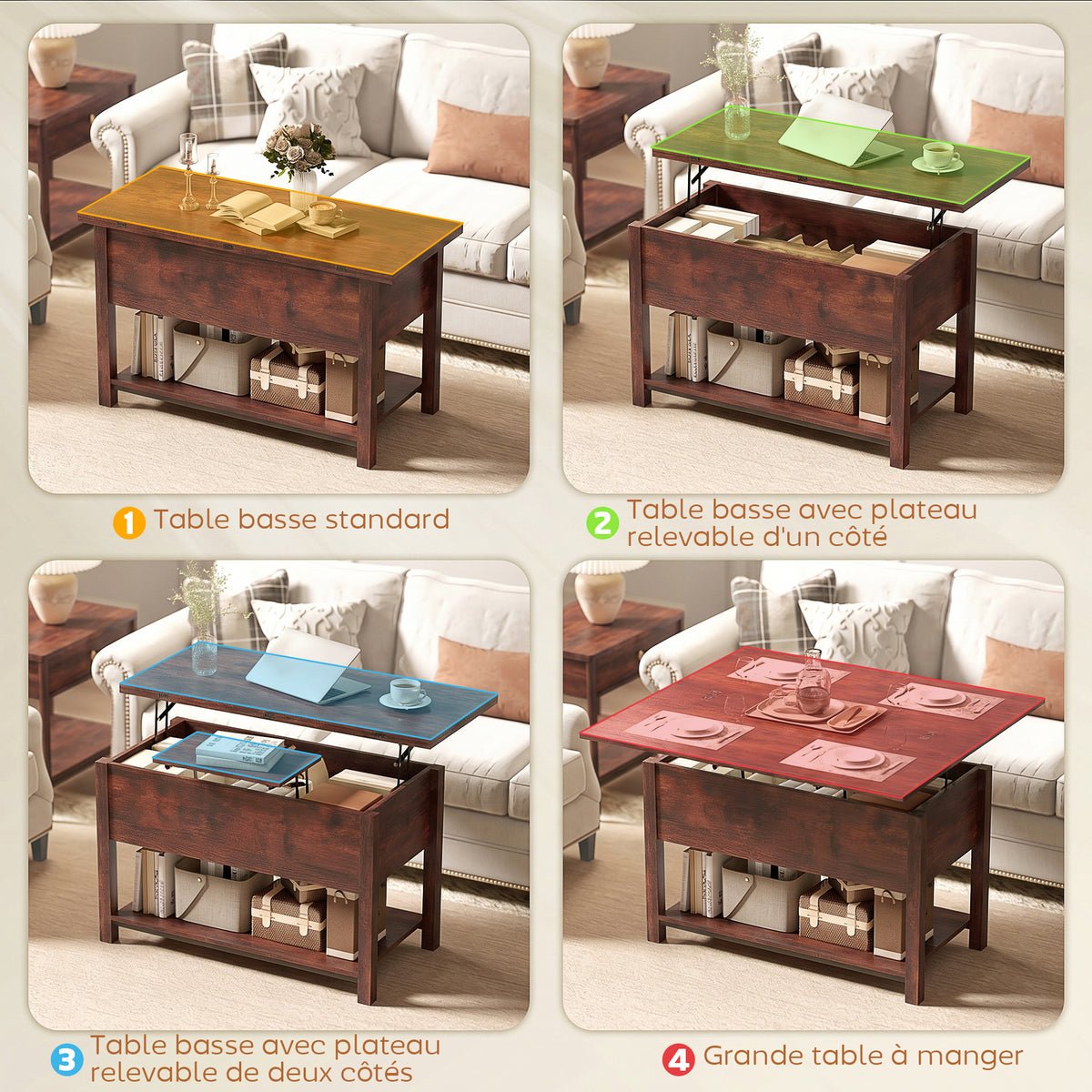 Table basse relevable et extensible table de salon avec compartiment caché étagère ouverte 100x45x50,5cm brun rustique-3