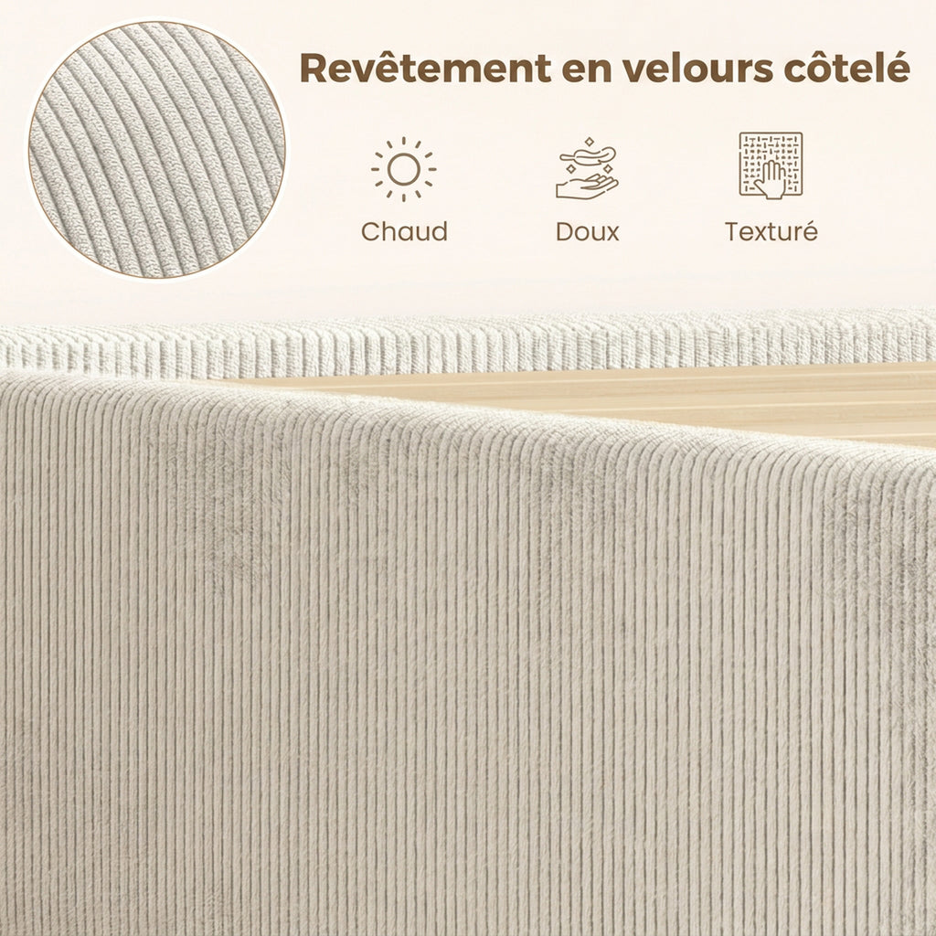 Cadre de Lit 140 x 190 cm avec Sommier, Tête Réglable, Lit Double Rembourré en Velours Côtelé, Sans Bruit, Gris Clair-4