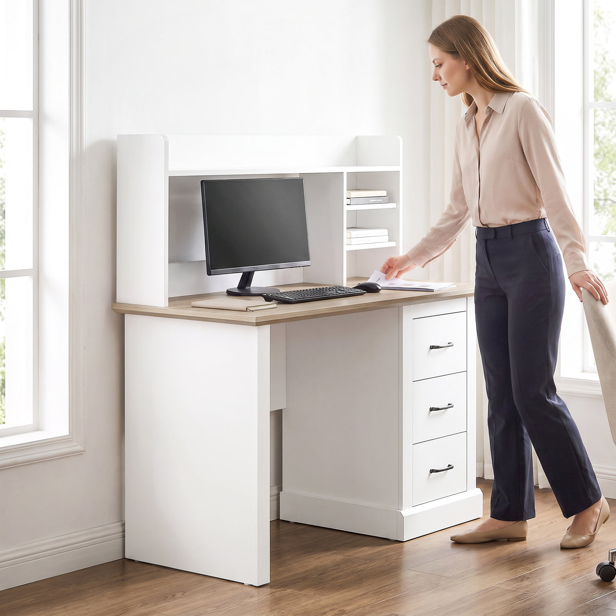Bureau Informatique avec 3 Tiroirs, 120x55cm, Bureau avec Rangement, Étagères Ouvertes et Large Plateau, Chêne et Blanc-8