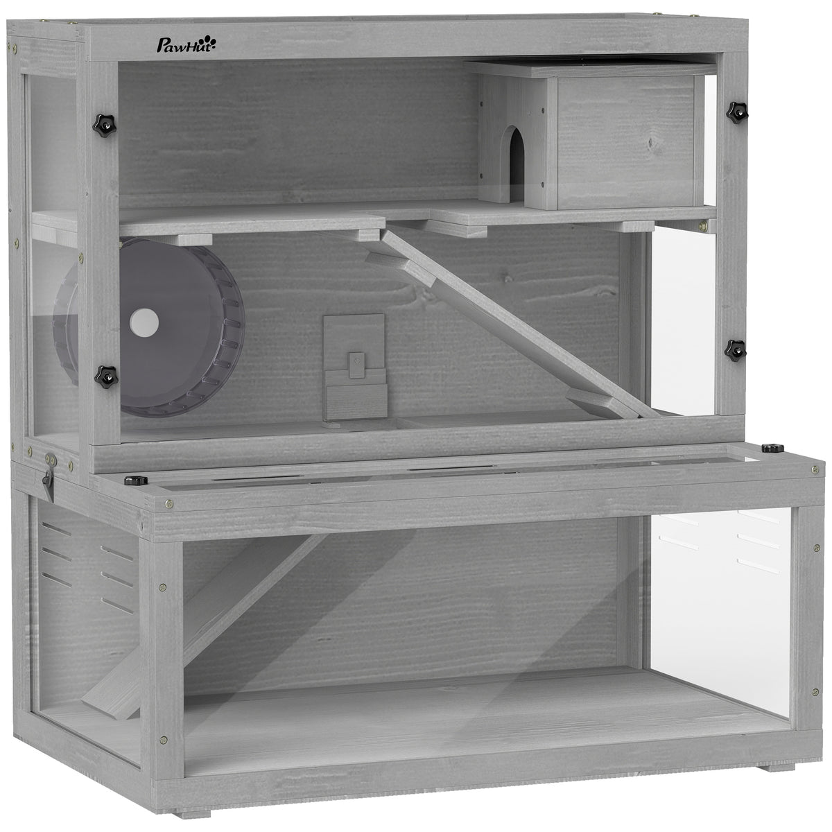 Gabbia per criceti in legno a 3 livelli con casetta e ruota, 80 × 50 × 84 cm, grigia-0