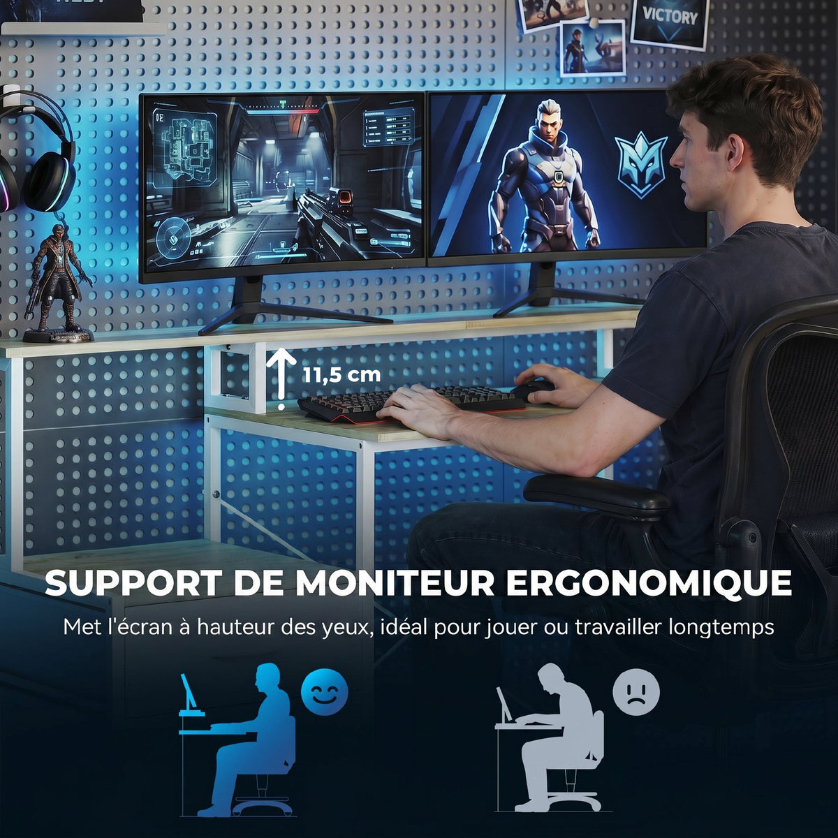 Bureau d'angle avec prises et lumières LED RGB, bureau d'ordinateur, 172 x 100 cm, support d'écran, 2 tiroirs, blanc-5