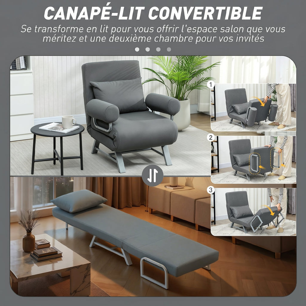 Fauteuil Convertible 1 Place, Fauteuil-Lit Pliable Rembourré en Lin avec Dossier Réglable, Oreiller, Gris Foncé-3