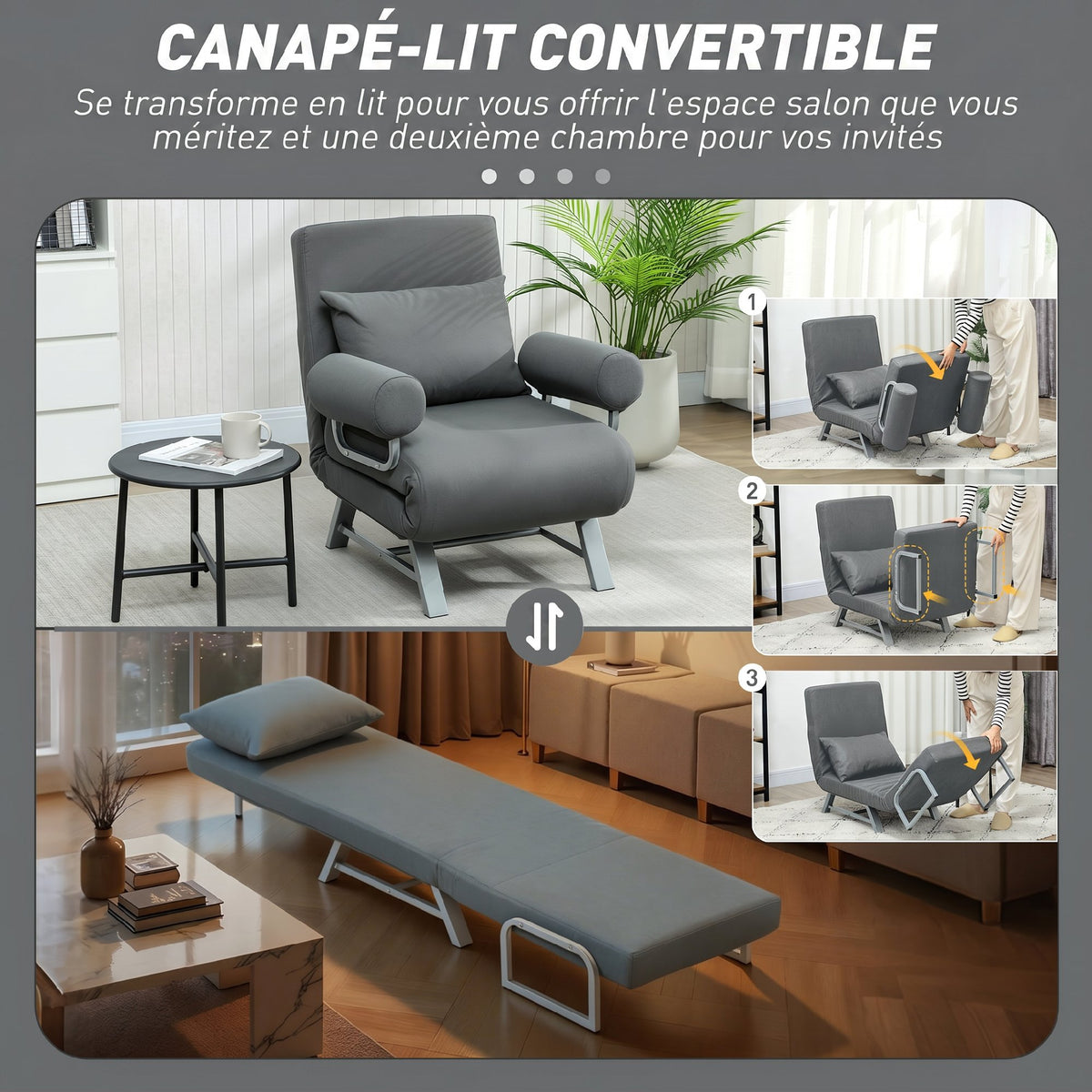 Fauteuil Convertible 1 Place, Fauteuil-Lit Pliable Rembourré en Lin avec Dossier Réglable, Oreiller, Gris Foncé-3