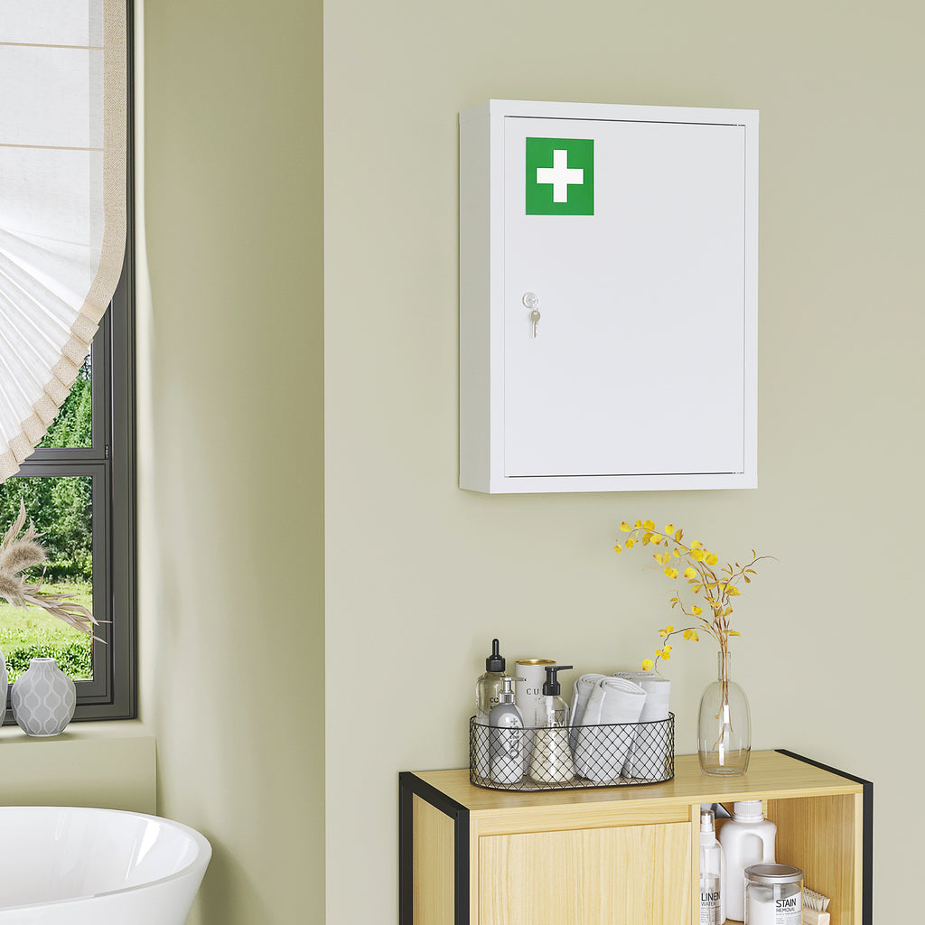 Armoire à pharmacie murale en acier, armoire à médicaments à 3 niveaux porte verrouillable 2 clés, 40x15x53,5cm, blanc-6
