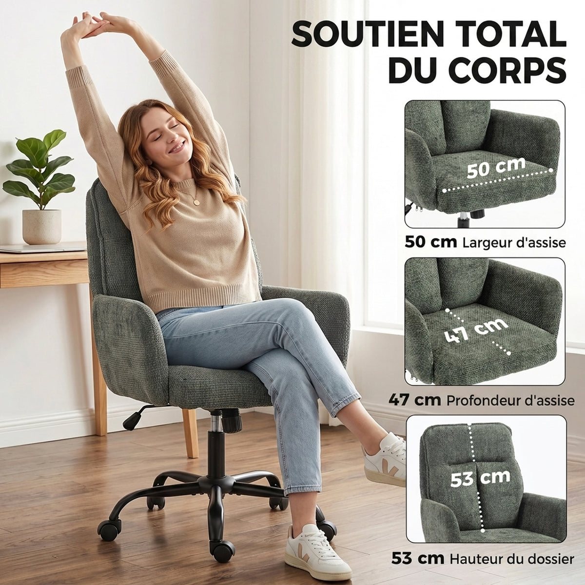 Chaise Bureau Ergonomique, Fauteuil de Bureau avec Hauteur Réglable, Assise Large, Fonction Bascule, Vert Foncé-3