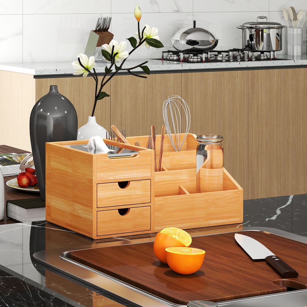 Boite de Rangement de Bureau - Organiseur de Bureau - 7 Compartiments, 2 tiroirs - Bambou Verni, Bambou-9