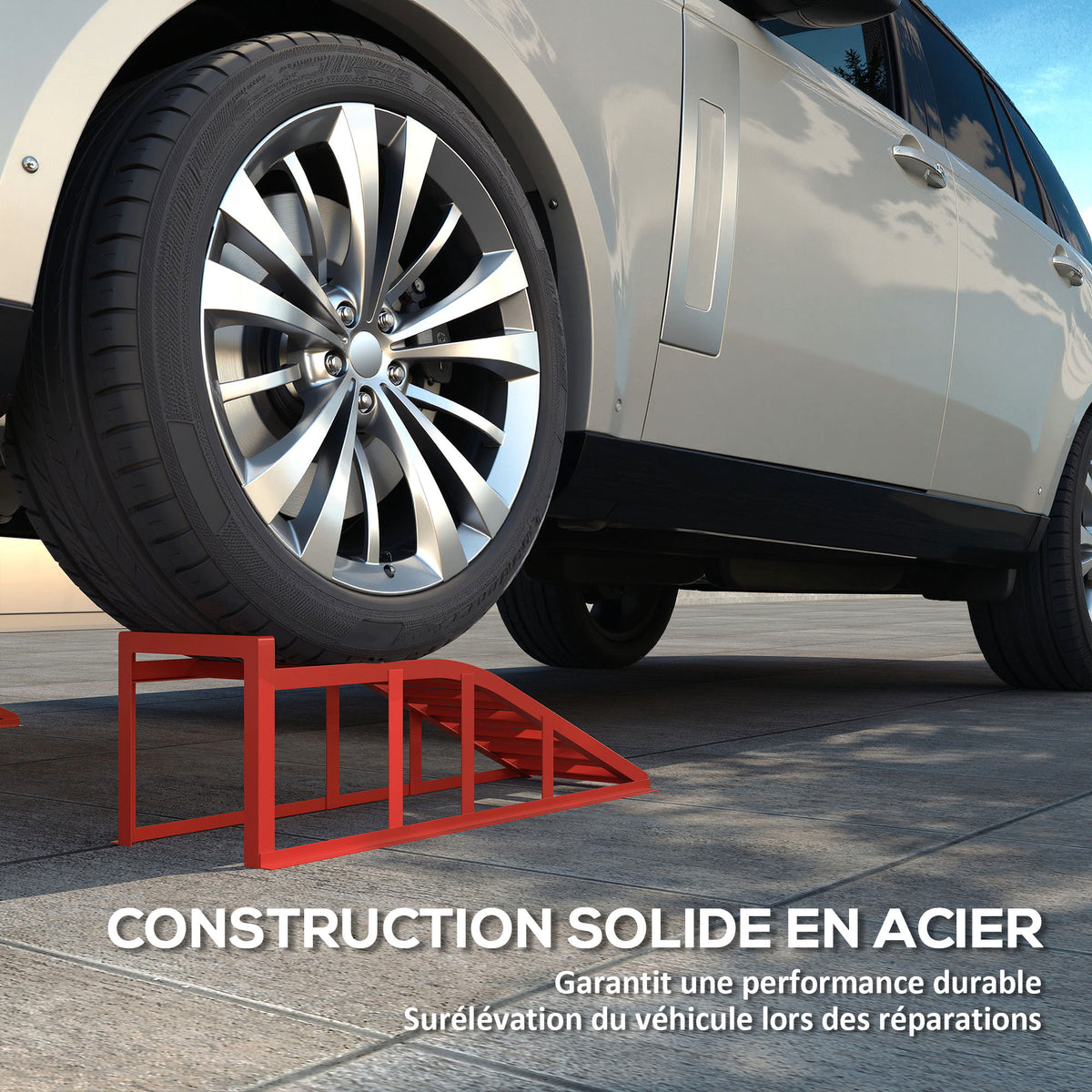 Lot de 2 Rampes d'Accès pour Voiture 3T en Acier, Surface Antidérapante, 83,5 x 30,5 x 27 cm, Rouge-3