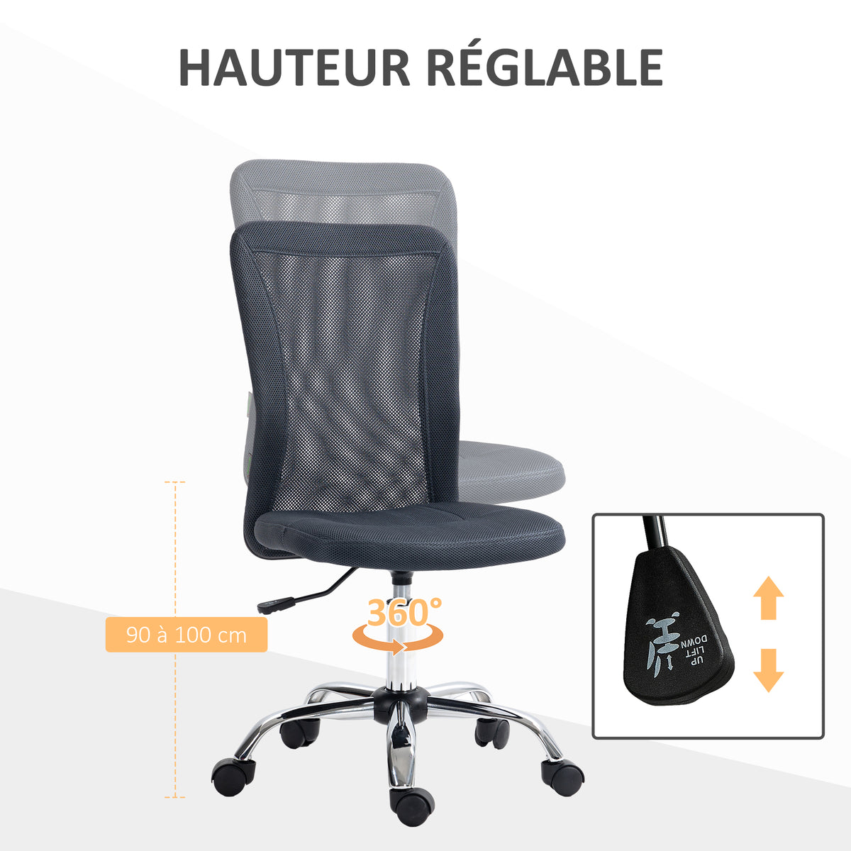 Chaise de bureau ergonomique hauteur réglable piètement chromé pivotant 360° revêtement maille gris foncé-4