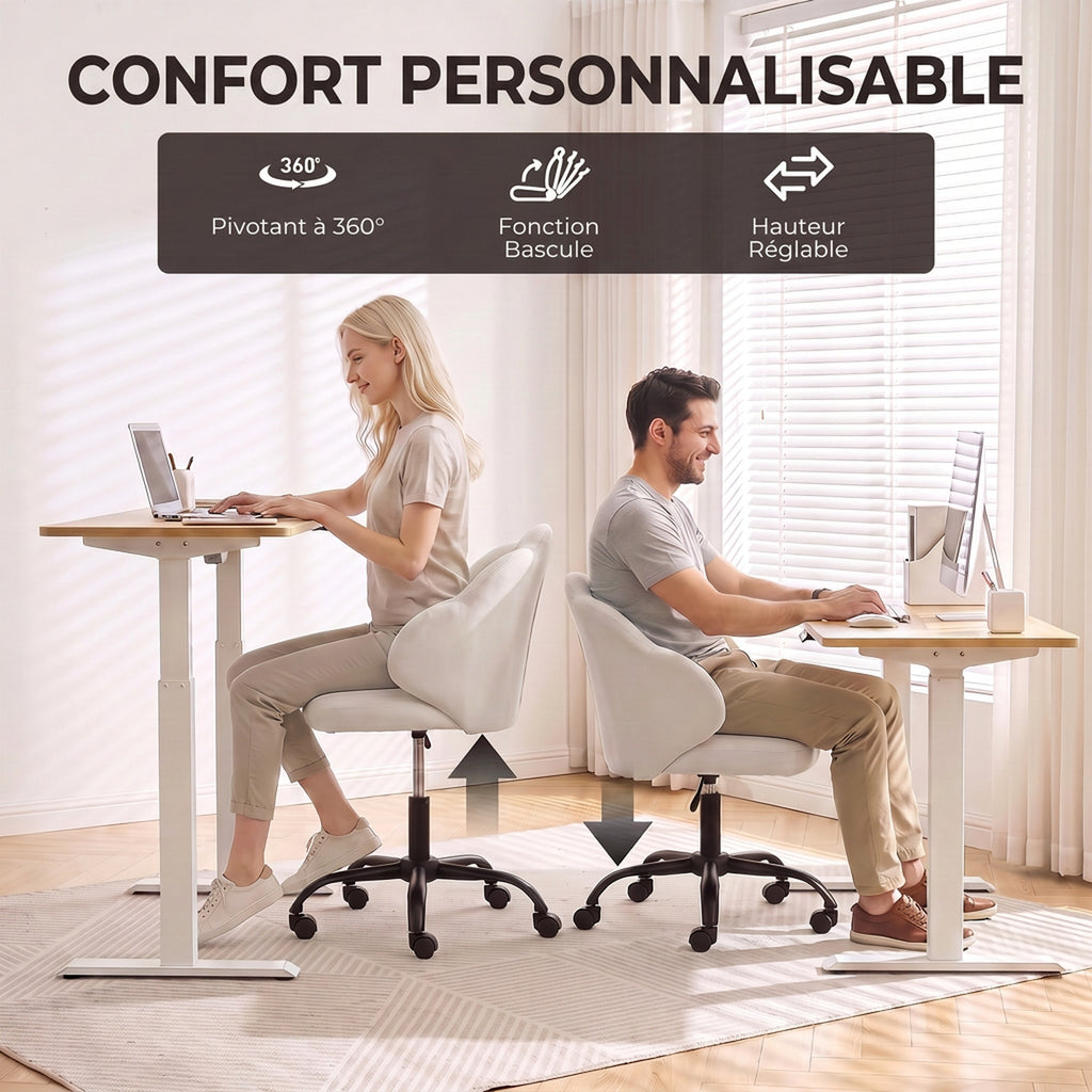 Chaise Bureau en Velours, Chaise Coiffeuse avec Dossier en Pétale, Hauteur Réglable, Fonction Bascule, Crème-3