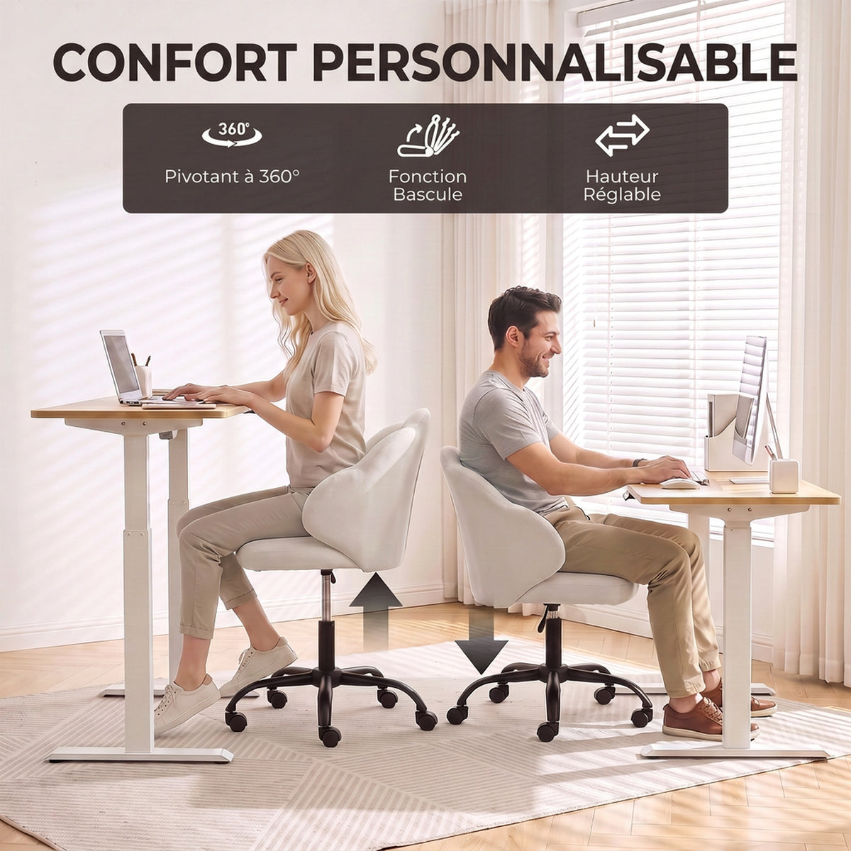 Chaise Bureau en Velours, Chaise Coiffeuse avec Dossier en Pétale, Hauteur Réglable, Fonction Bascule, Crème-3