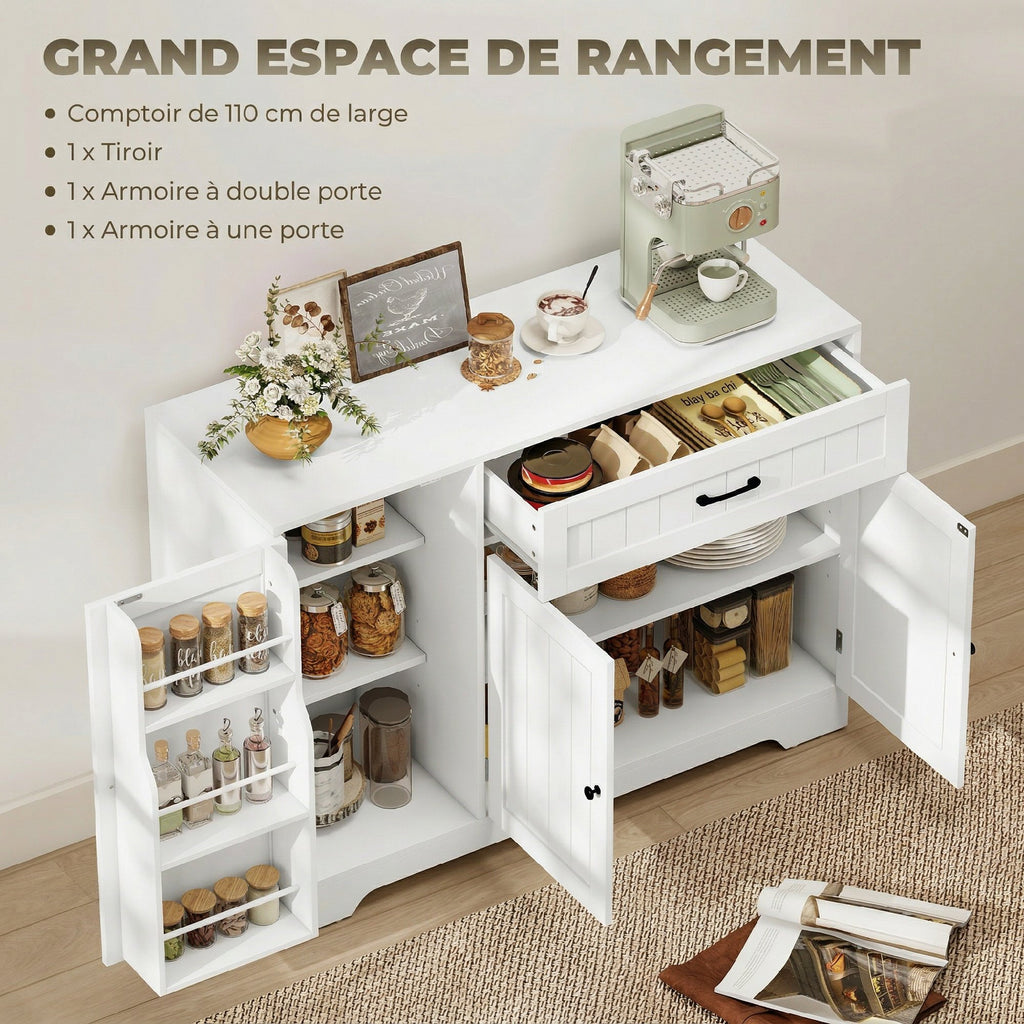 Buffet cuisine, meuble de rangement avec tiroir, 3 portes à fermeture douce, racks-porte et étagères réglables, blanc-3