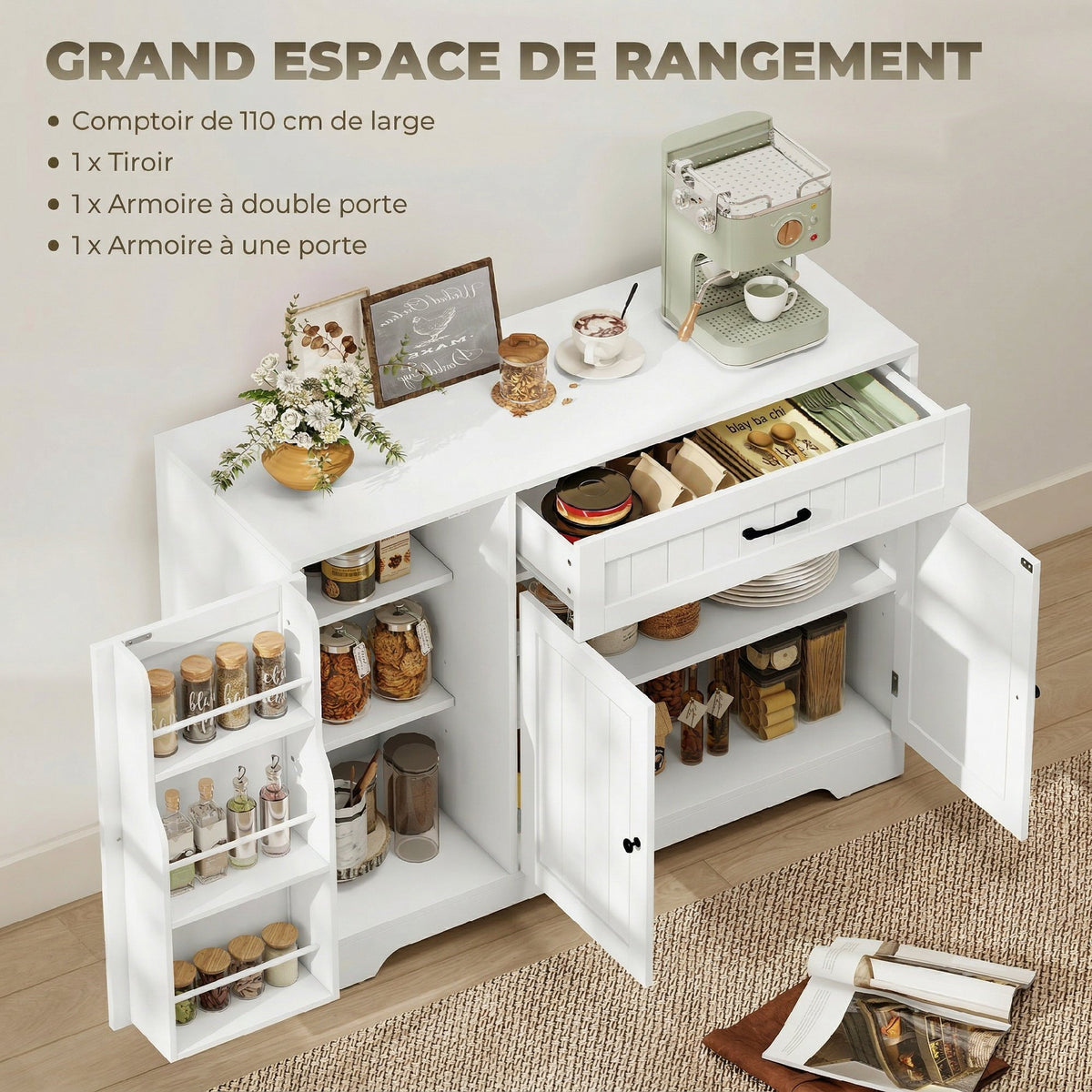 Buffet cuisine, meuble de rangement avec tiroir, 3 portes à fermeture douce, racks-porte et étagères réglables, blanc-3