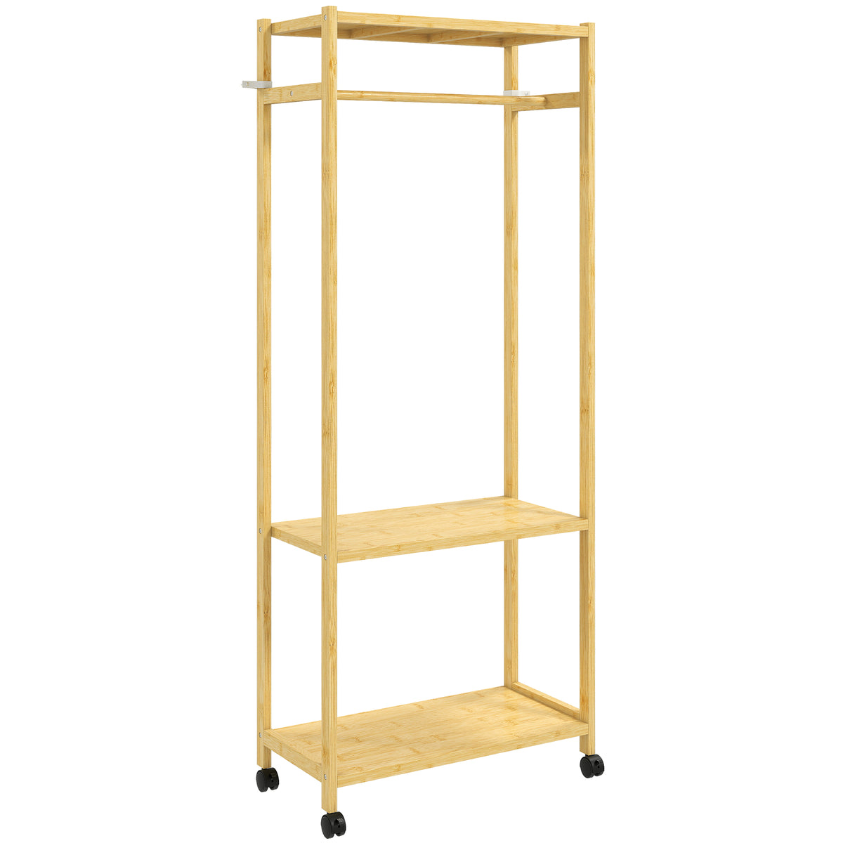 Portant à vêtements à roulettes, porte-manteau en bambou avec 2 étagères et tringle suspendue, 70x35x175cm, bois naturel-0