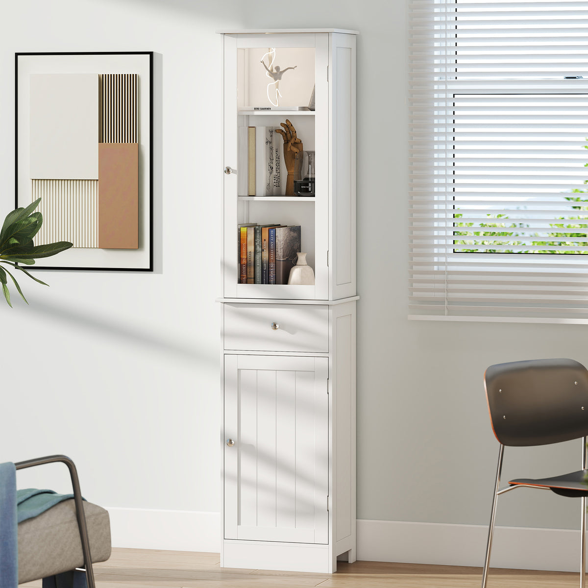 Meuble Colonne de Salle de Bain Placard Porte Acrylique 2 étagères Placard Porte 1 étagère tiroir MDF Blanc-8