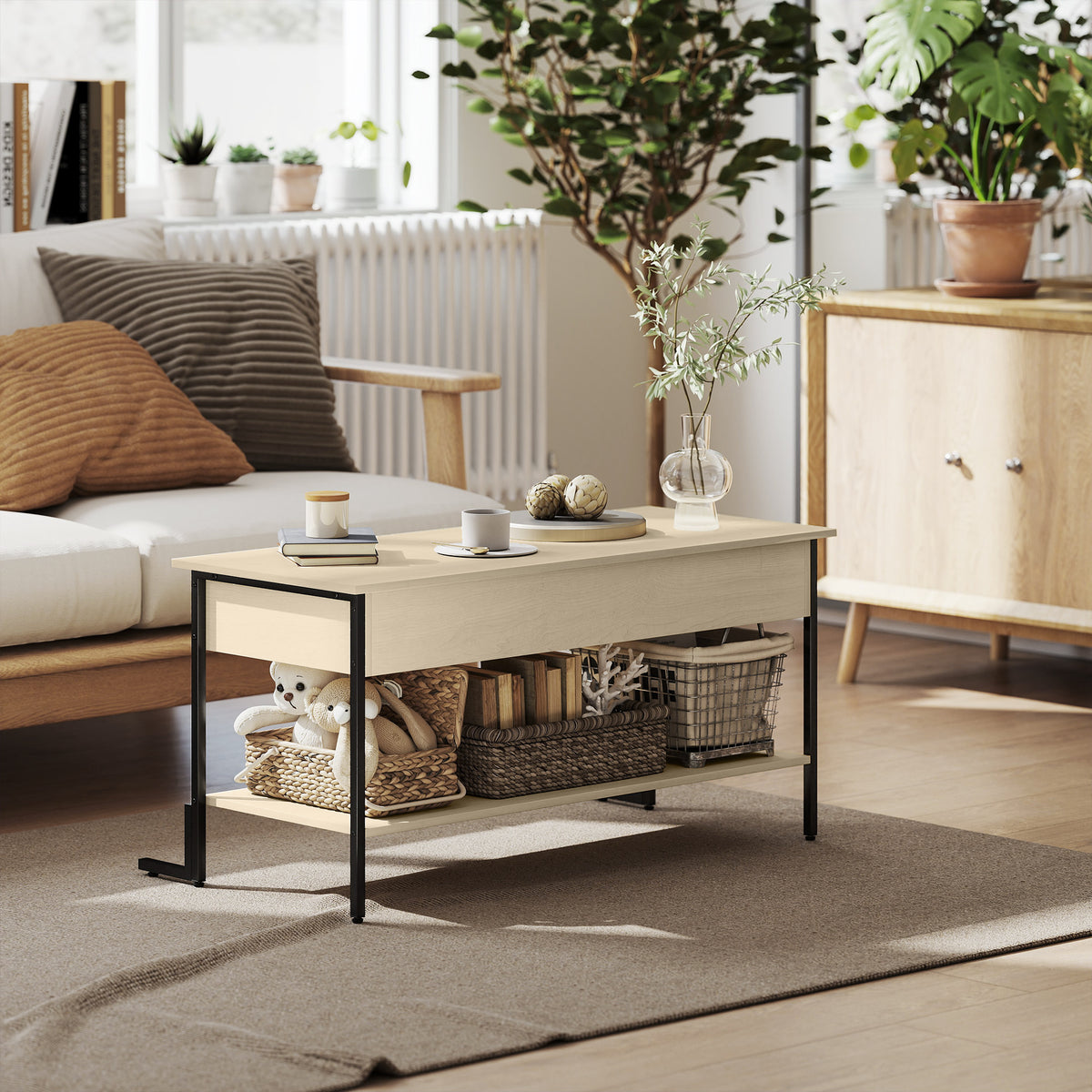 Table basse avec plateau relevable, table de salon avec compartiment caché et étagère ouverte, 95x40x59cm, bois naturel-9