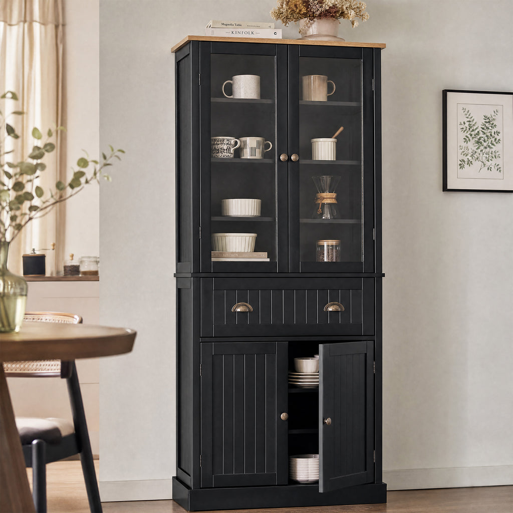 Buffet meuble cuisine rangement armoire de cuisine 4 portes dont 2 portes vitrées et 1 tiroir étagères réglables - noir-8