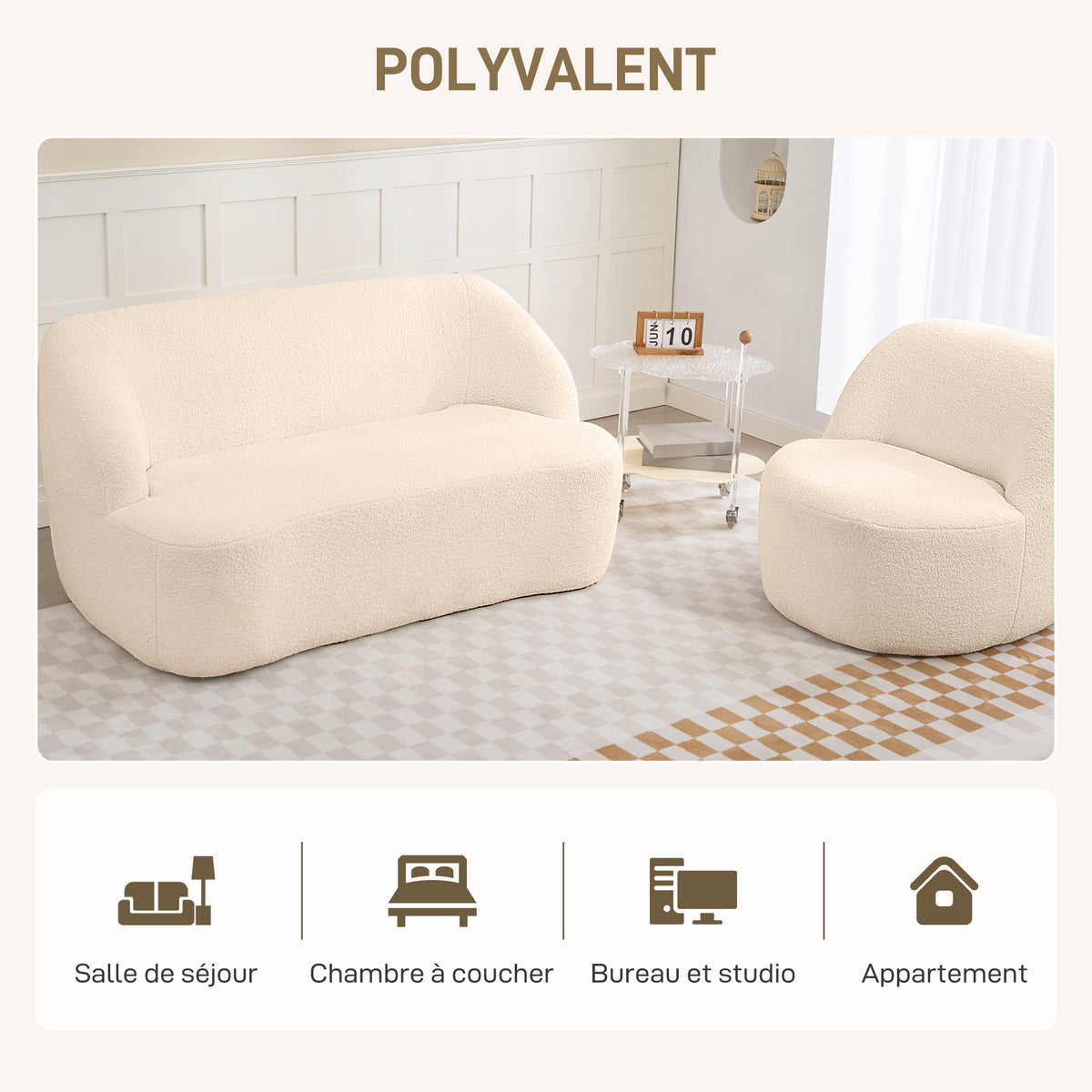 Canapé 2 places canapé en tissu bouclette 142 cm avec dossier et assise incurvés, aucun assemblage requis, beige-5