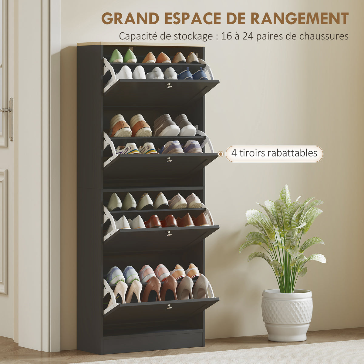Meuble à chaussures 24 paires, armoire à chaussures avec 4 tiroirs rabattables, étagères réglables, 60x23,5x153cm, noir-3