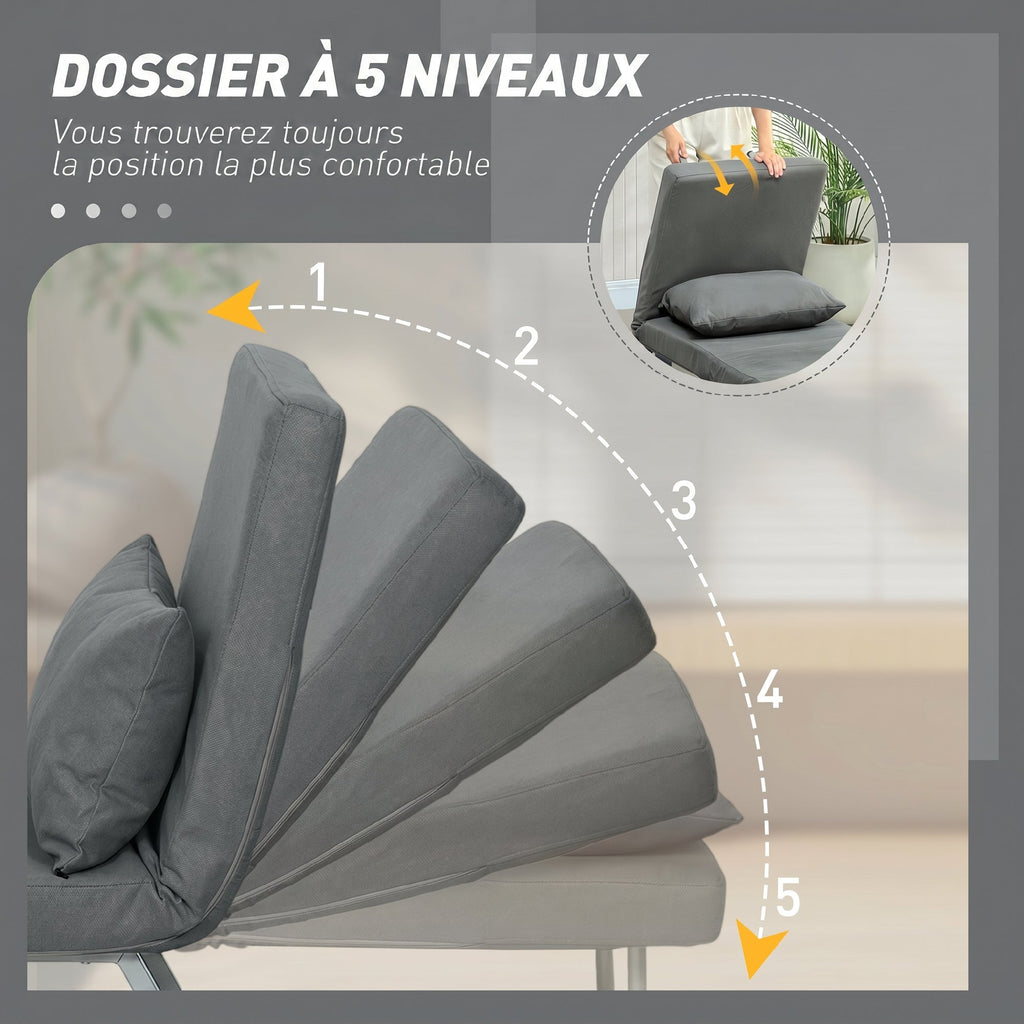 Fauteuil Convertible 1 Place, Fauteuil-Lit Pliable Rembourré en Lin avec Dossier Réglable, Oreiller, Gris Foncé-4