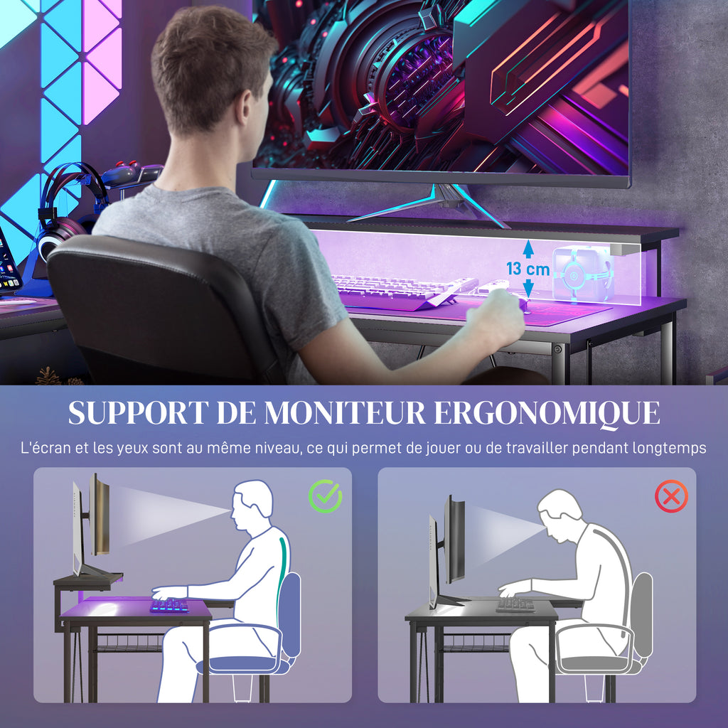 Bureau d'angle réversible, bureau d'ordinateur avec LED, 2 prises et 2 ports USB et panier réglable, 107x80x90cm, noir-6