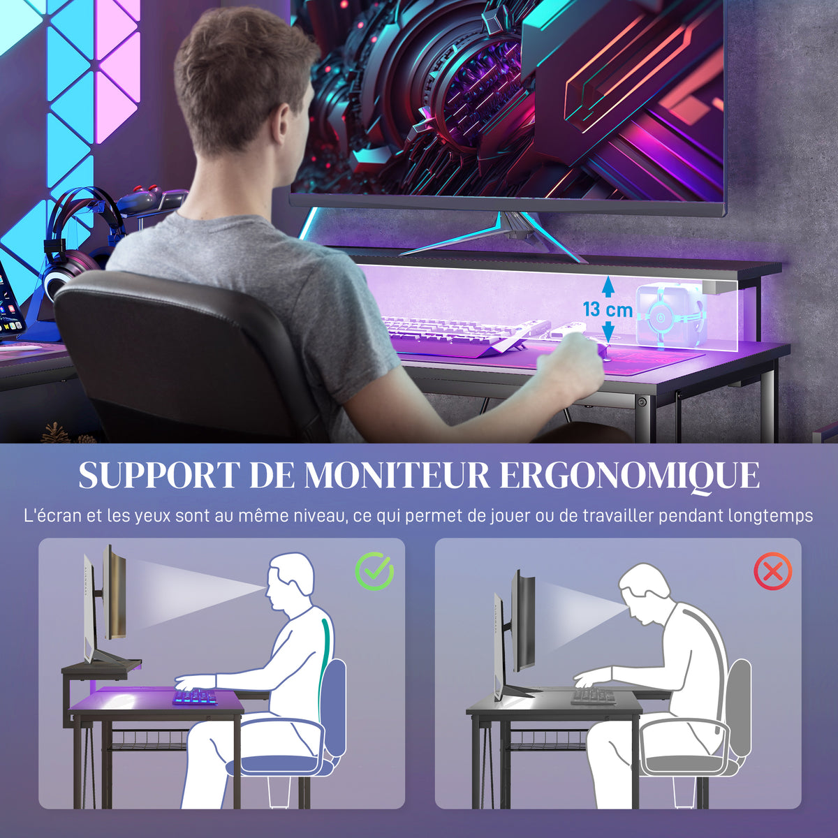 Bureau d'angle réversible, bureau d'ordinateur avec LED, 2 prises et 2 ports USB et panier réglable, 107x80x90cm, noir-6
