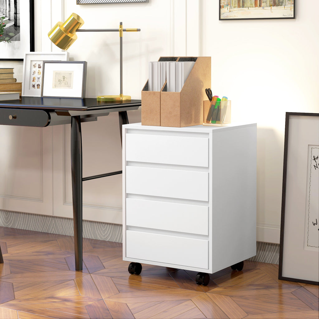 Caisson de bureau rangement bureau sur roulettes 4 tiroirs coulissants en bois aspect bois blanc-9
