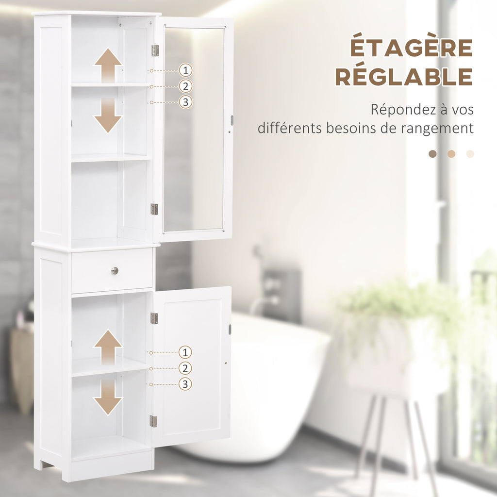 Meuble Colonne de Salle de Bain Placard Porte Acrylique 2 étagères Placard Porte 1 étagère tiroir MDF Blanc-5