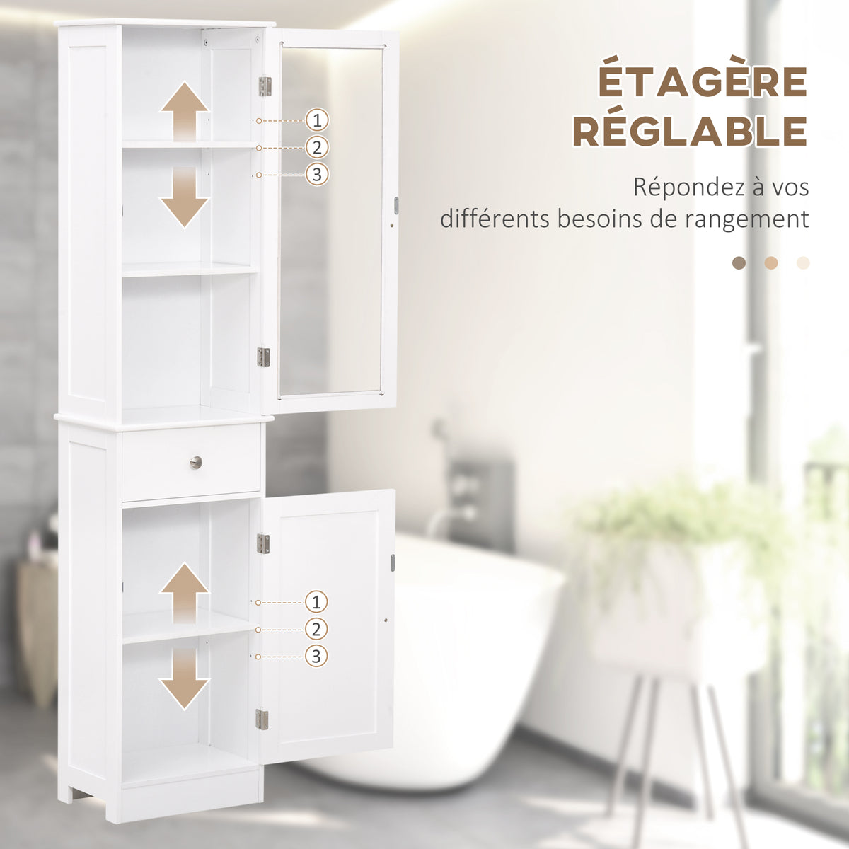 Meuble Colonne de Salle de Bain Placard Porte Acrylique 2 étagères Placard Porte 1 étagère tiroir MDF Blanc-5