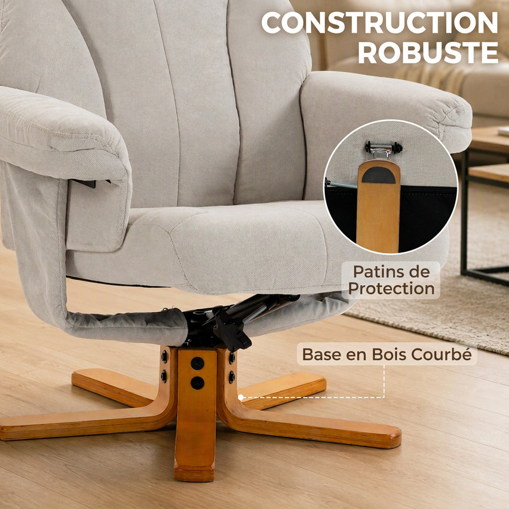 Fauteuil relax avec repose-pied, fauteuil de relaxation, dossier inclinable, assise rembourrée, 79x80x104cm, crème-6