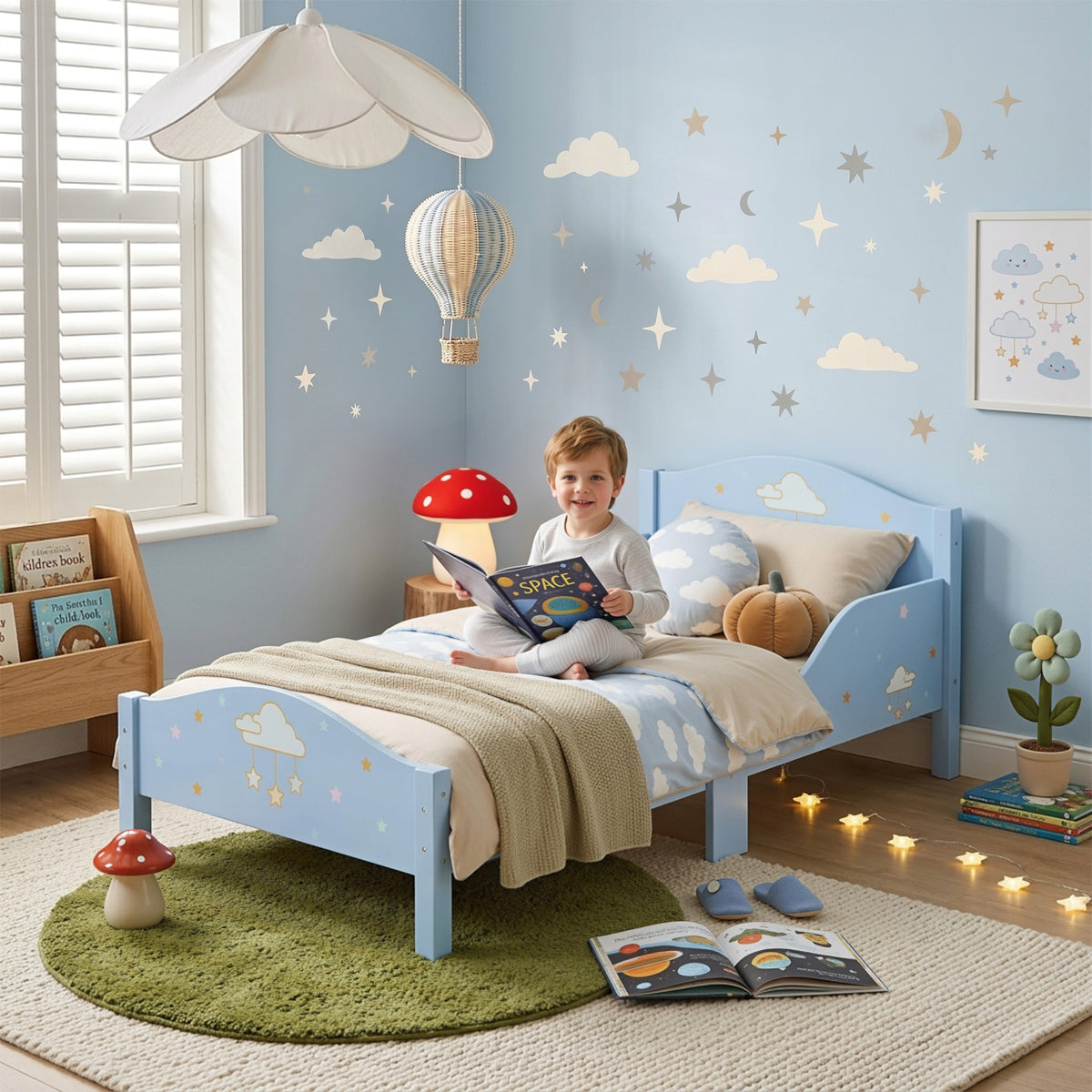 Lit Enfant 70 x 140 cm, Lit pour Enfant avec Barrière de Sécurité et Sommier à Lattes en Bois, Motif Nuage, Bleu-1